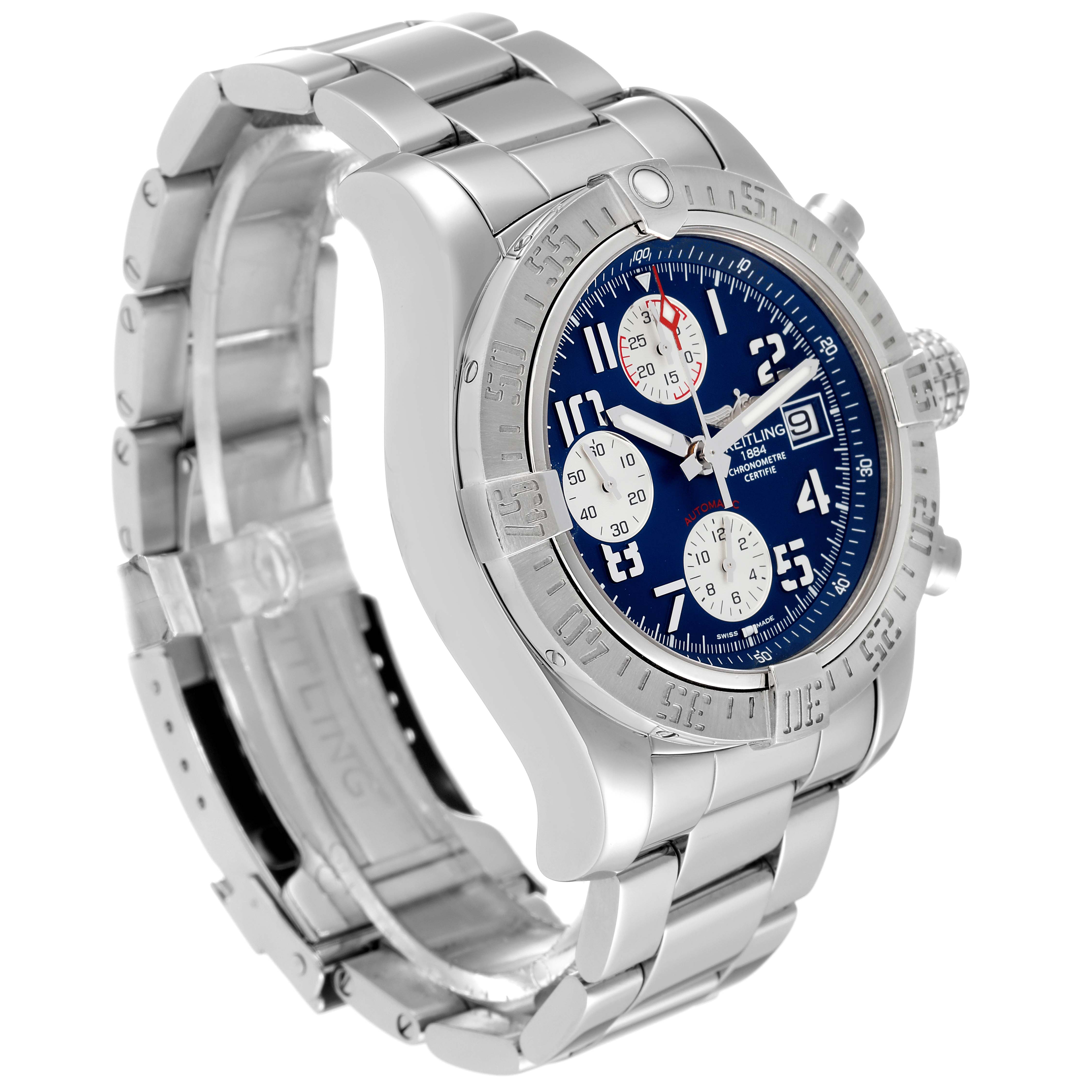 The image shows a Breitling Avenger A13381 Men's Stainless Steel Blue Dial A13381 Men's Stainless Steel Blue Dial watch from a front-side angle, highlighting its bezel, dial, and metal bracelet.