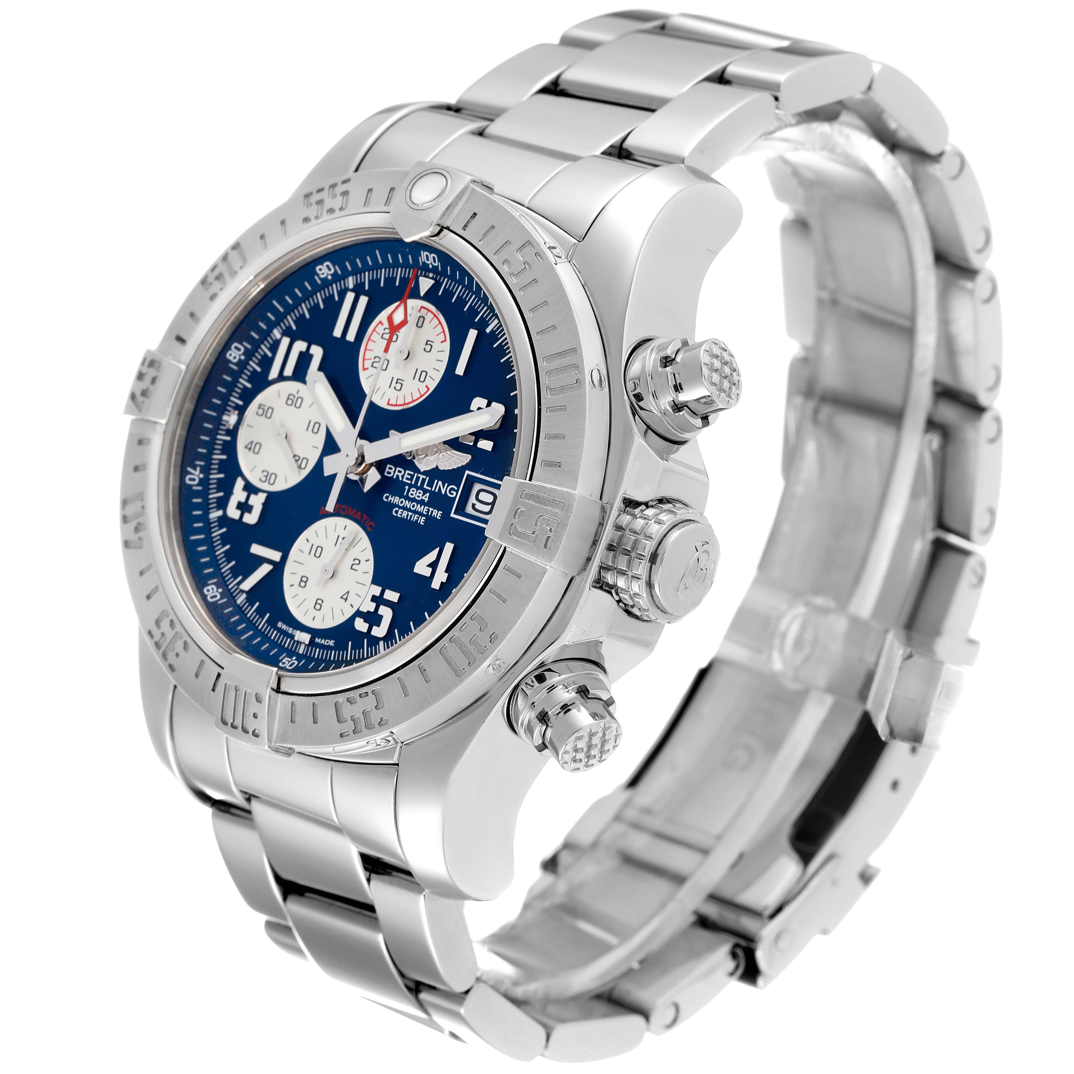 The Breitling Avenger A13381 Men's Stainless Steel Blue Dial A13381 Men's Stainless Steel Blue Dial watch is shown at a side angle, highlighting its blue dial, chronograph subdials, and stainless steel band.