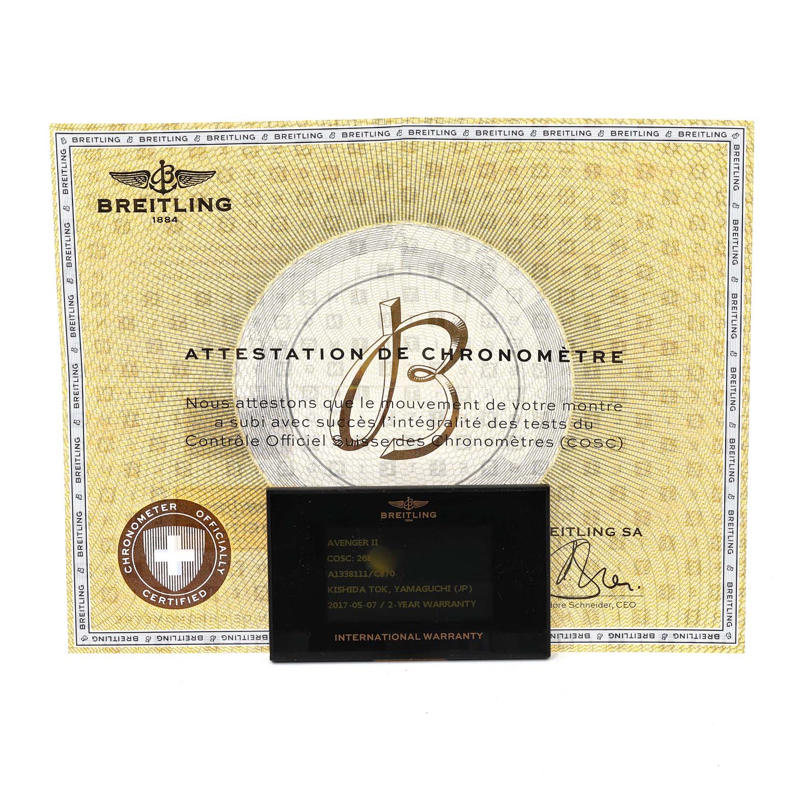 The image shows the certification and warranty card for a Breitling Avenger A13381 Men's Stainless Steel Blue Dial A13381 Men's Stainless Steel Blue Dial II watch.