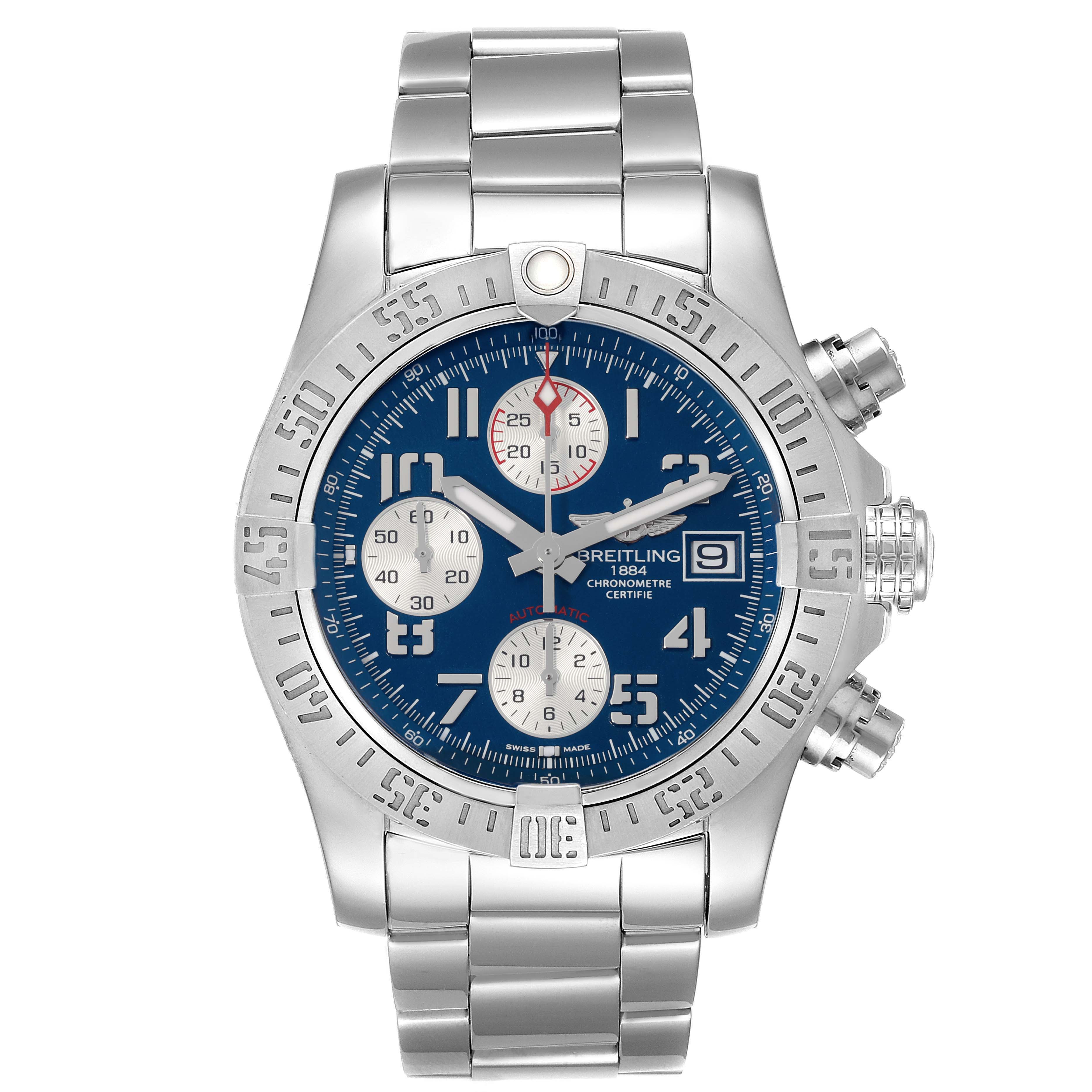 The image shows a front view of the Breitling Avenger A13381 Men's Stainless Steel Blue Dial A13381 Men's Stainless Steel Blue Dial watch, highlighting its blue dial, chronograph sub-dials, and metallic bracelet.