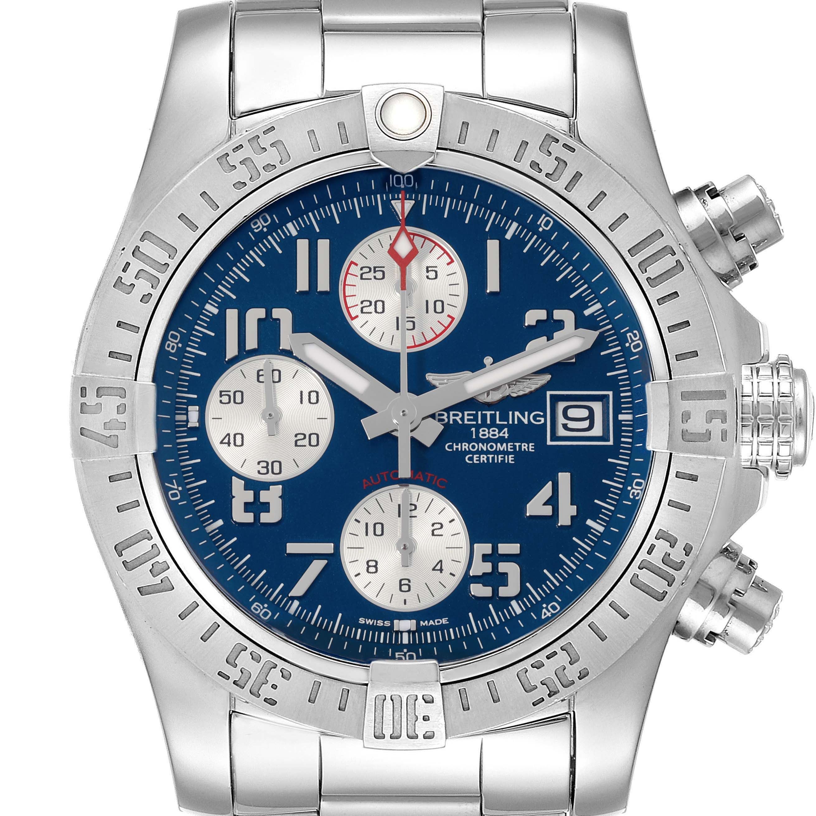 The image shows a front view of the Breitling Avenger A13381 Men's Stainless Steel Blue Dial A13381 Men's Stainless Steel Blue Dial watch, highlighting its face, bezel, and chronograph dials.