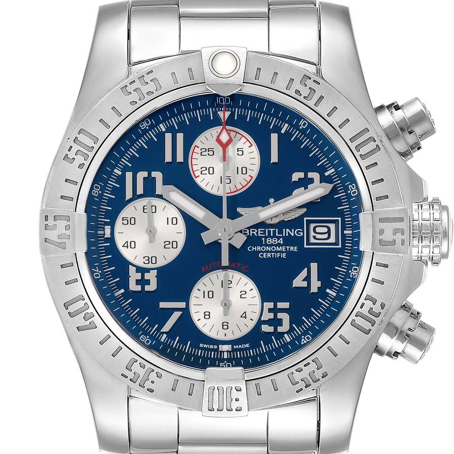 Breitling Avenger II Blue Dial Chronograph Mens Watch A13381 Box Card SwissWatchExpo