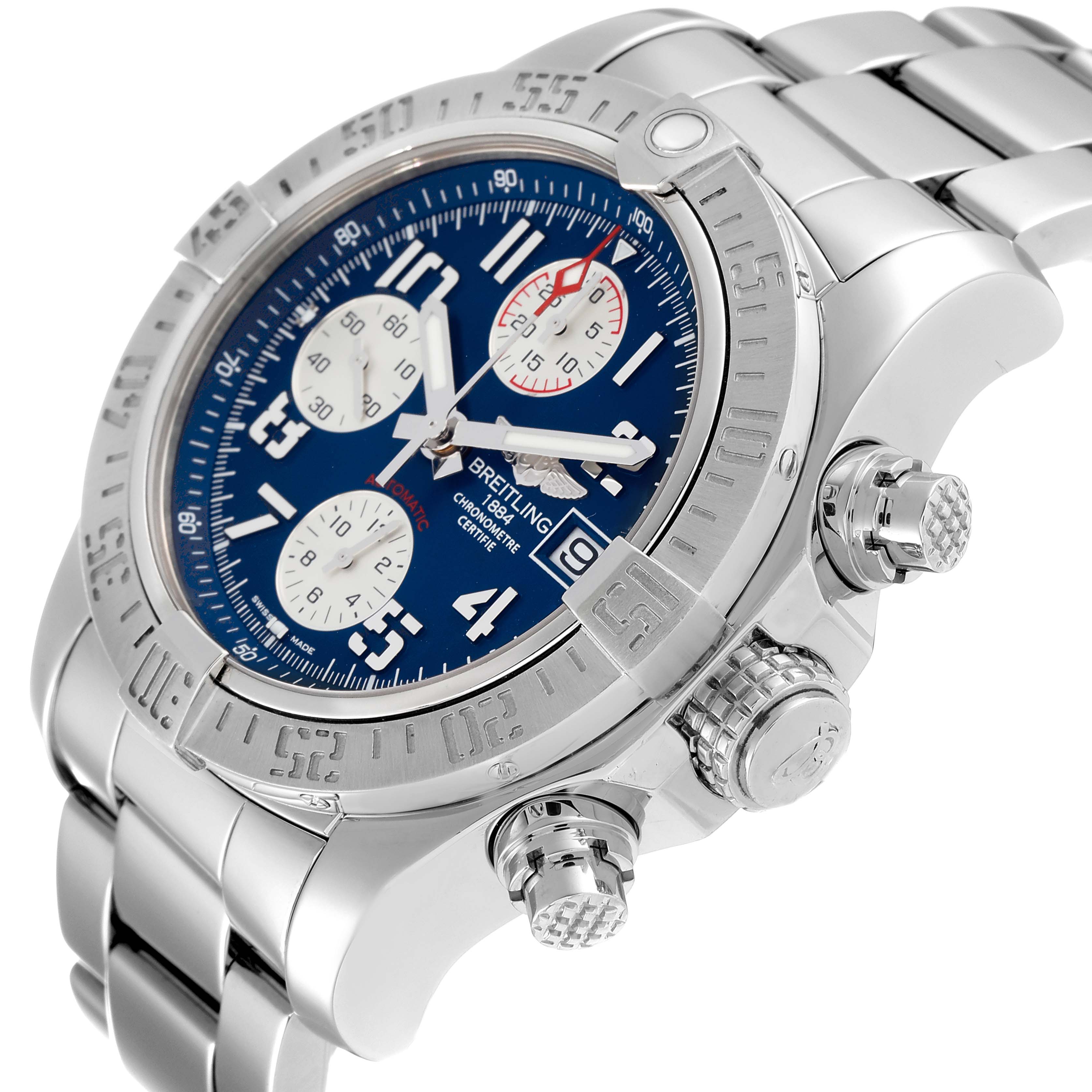 The Breitling Avenger A13381 Men's Stainless Steel Blue Dial A13381 Men's Stainless Steel Blue Dial model is displayed at an angle highlighting its dial, bezel, crown, pushers, and metal bracelet.