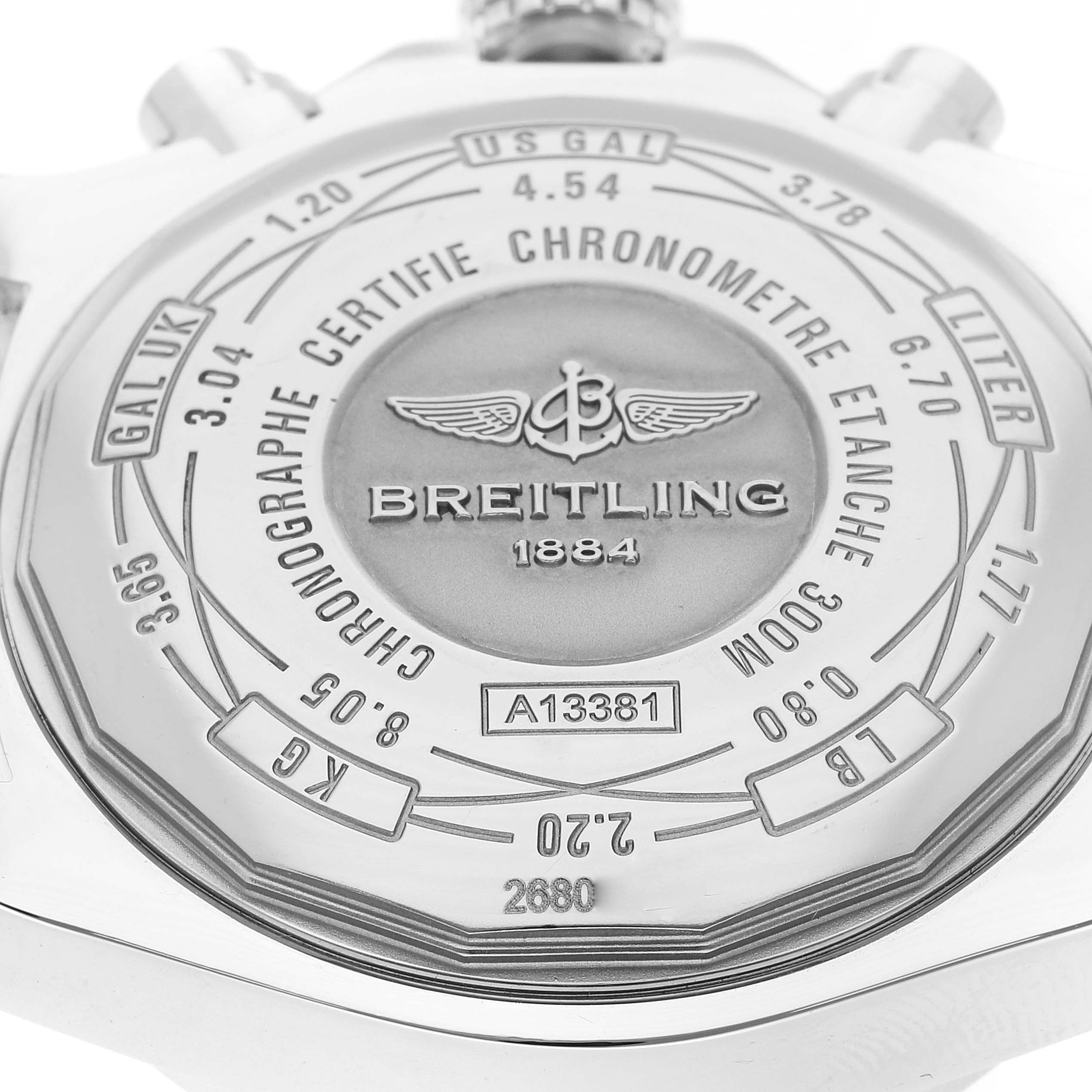 The image shows the back case of a Breitling Avenger A13381 Men's Stainless Steel Blue Dial A13381 Men's Stainless Steel Blue Dial watch, highlighting engravings and model details.