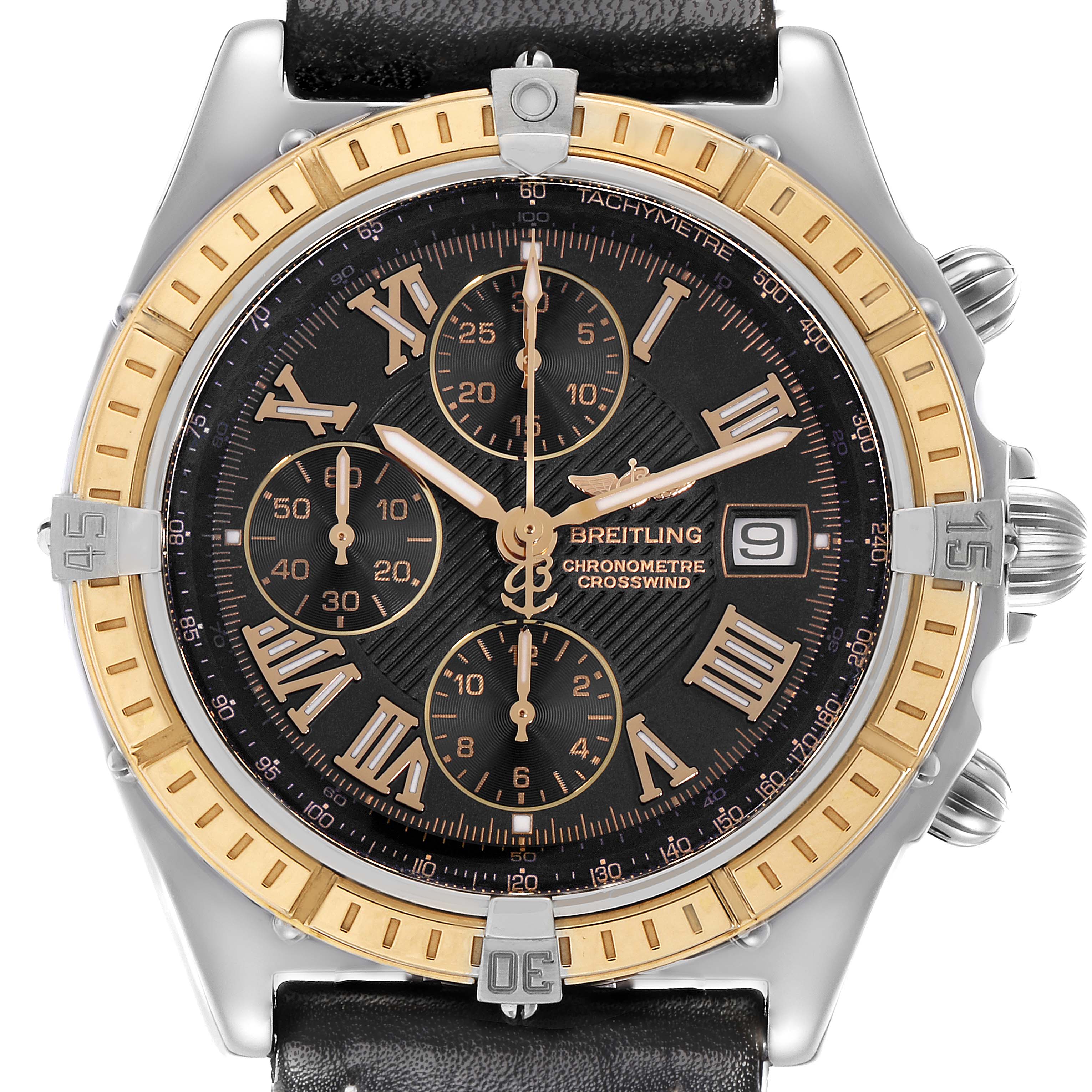 The Breitling Windrider D1335512 Men
s Steel and Gold (two tone) Black Dial D1335512 Men
s Steel and Gold (two tone) Black Dial watch is shown from the front, featuring a gold and silver case, a black dial, and a leather strap.