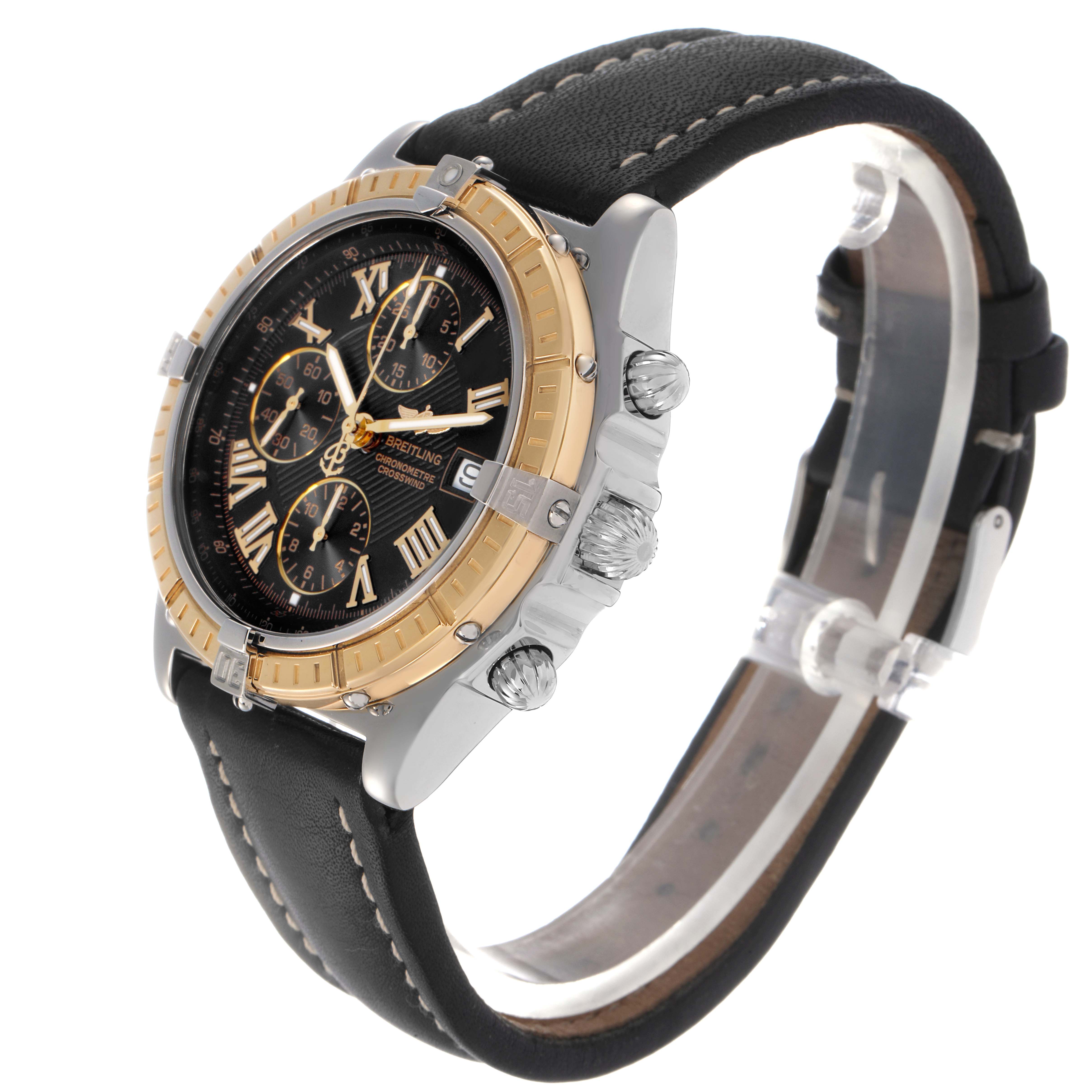 The Breitling Windrider D1335512 Men
s Steel and Gold (two tone) Black Dial D1335512 Men
s Steel and Gold (two tone) Black Dial watch is shown at a three-quarter angle, highlighting the face, bezel, crown, and strap.