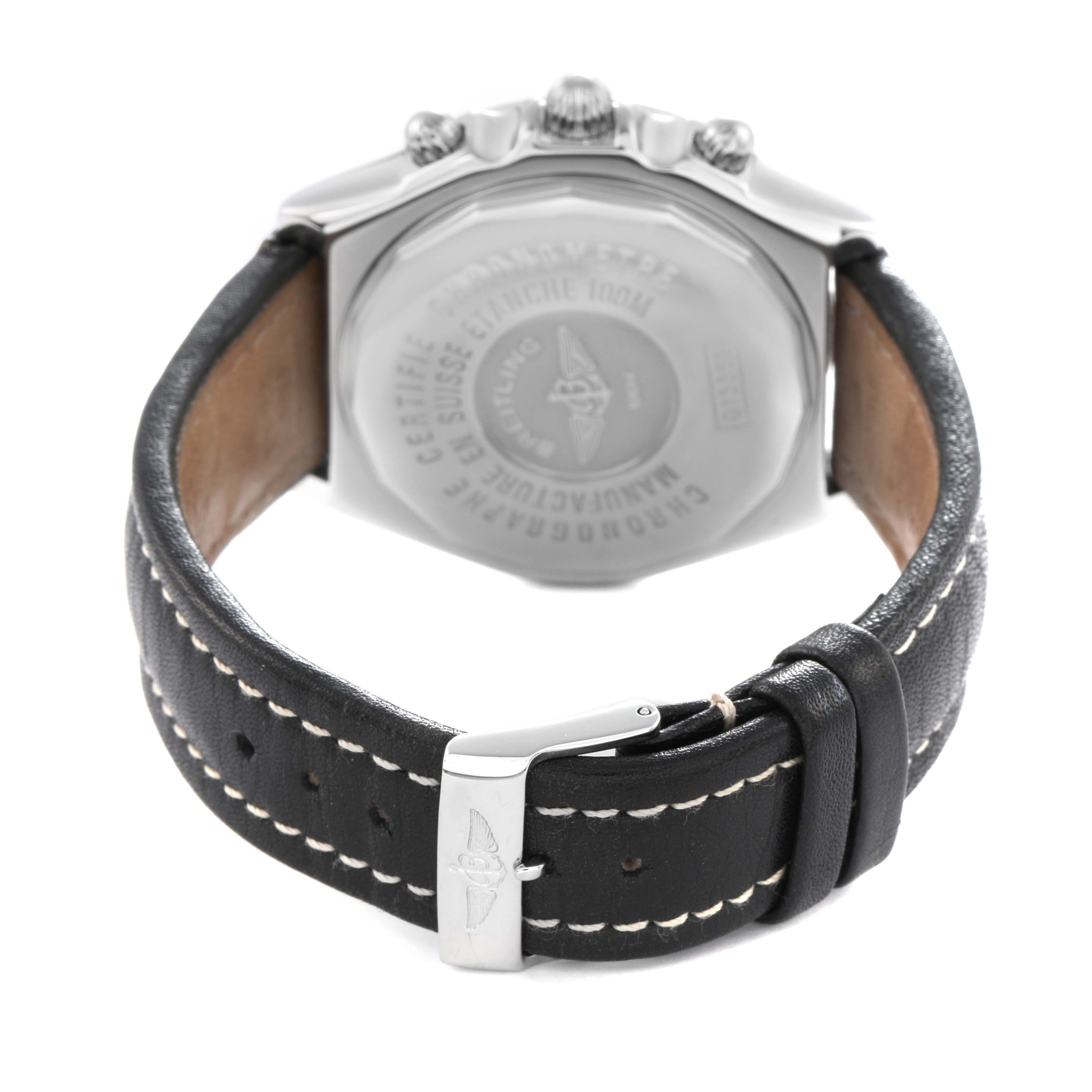 The Breitling Windrider D1335512 Men
s Steel and Gold (two tone) Black Dial D1335512 Men
s Steel and Gold (two tone) Black Dial watch is shown from the back, highlighting the case back, leather strap, and buckle.