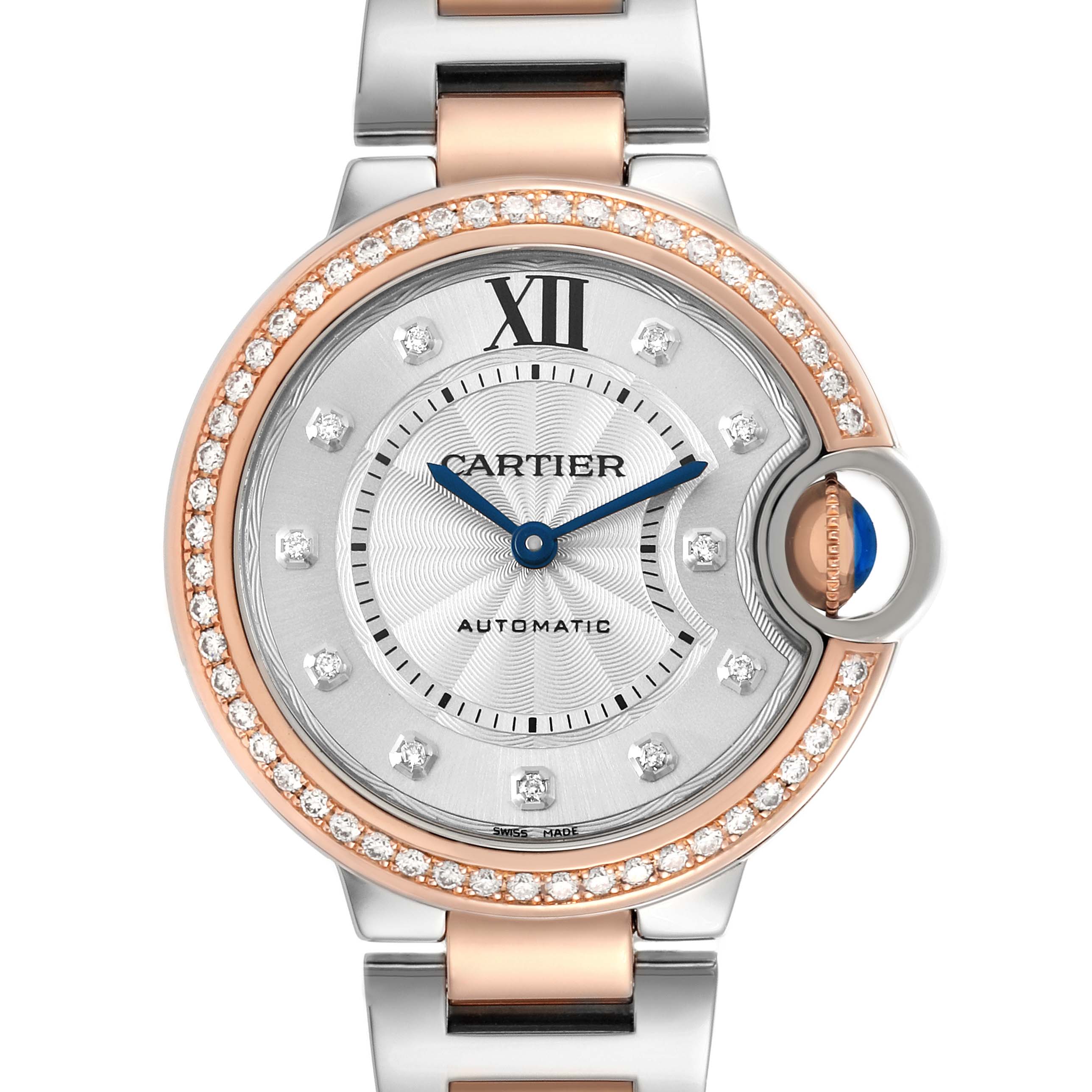 The Cartier Ballon Bleu WE902077 Women's Steel and Gold (two tone) Silver Dial watch is shown from the front, highlighting the dial, bezel, and part of the bracelet.
