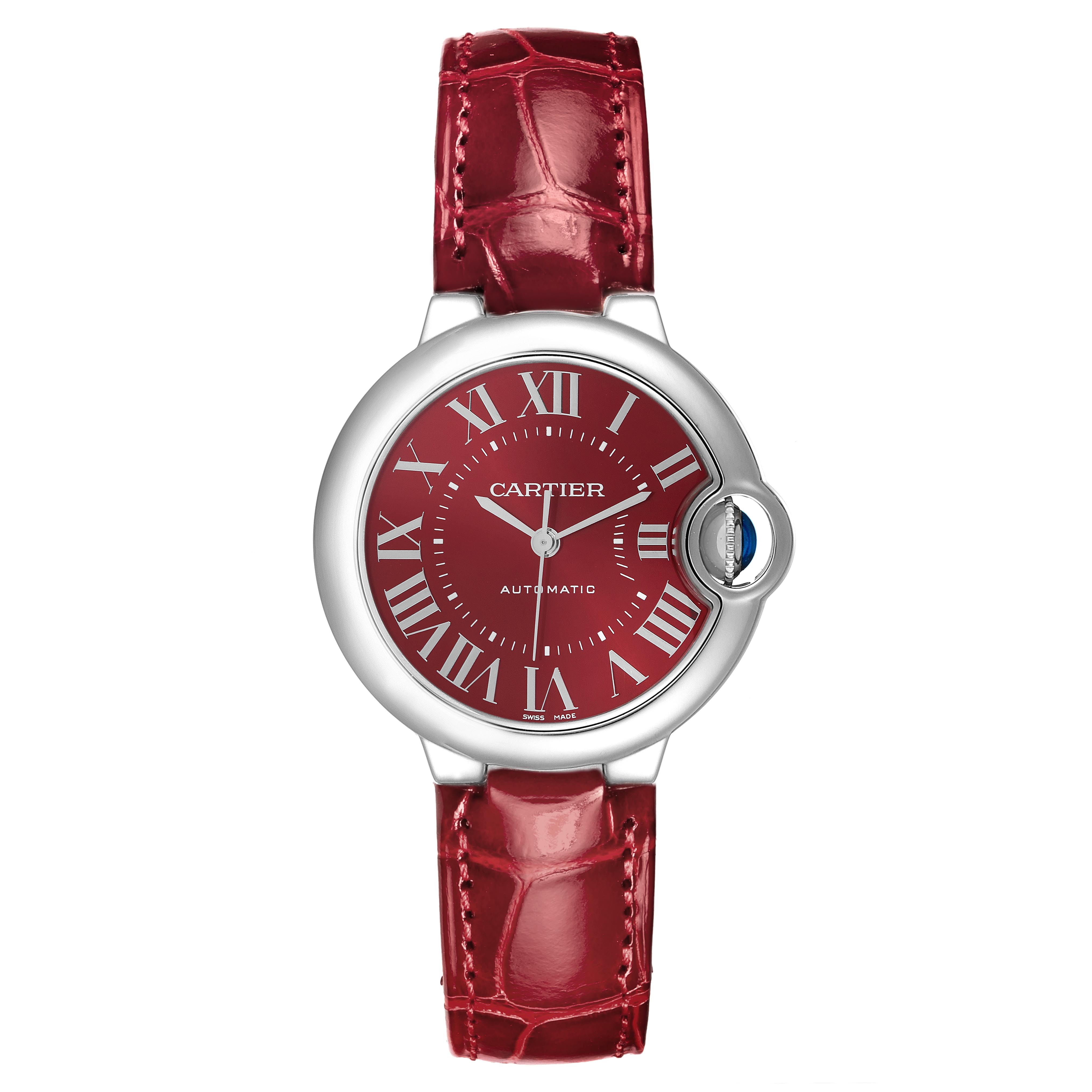The Cartier Ballon Bleu WSBB0022 Women
s Stainless Steel Red Dial WSBB0022 Women
s Stainless Steel Red Dial watch is shown from the front, displaying its red dial and strap with silver casing and crown.