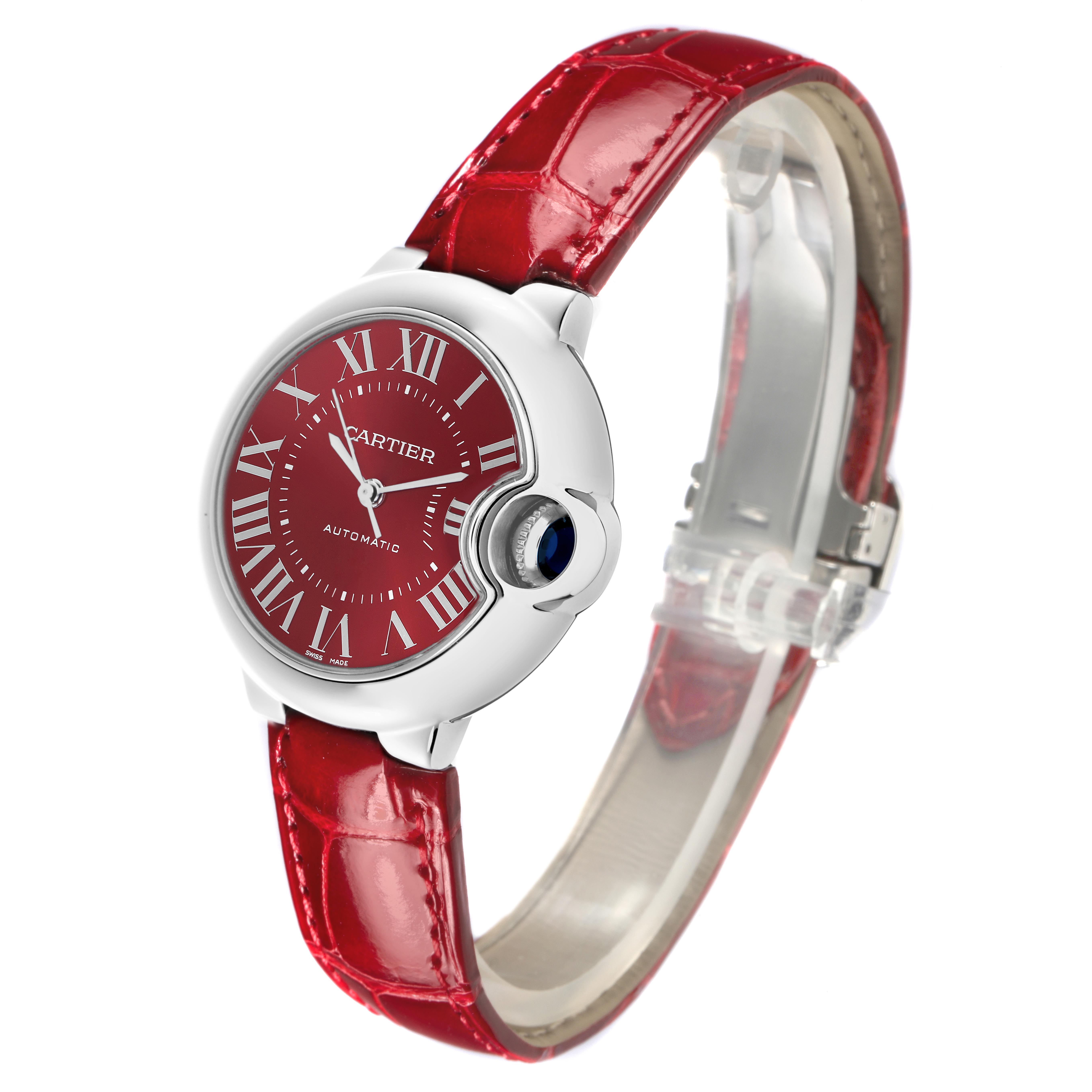 The Cartier Ballon Bleu WSBB0022 Women
s Stainless Steel Red Dial WSBB0022 Women
s Stainless Steel Red Dial watch is shown at a three-quarter angle, displaying the red dial, silver case, crown, and matching strap.