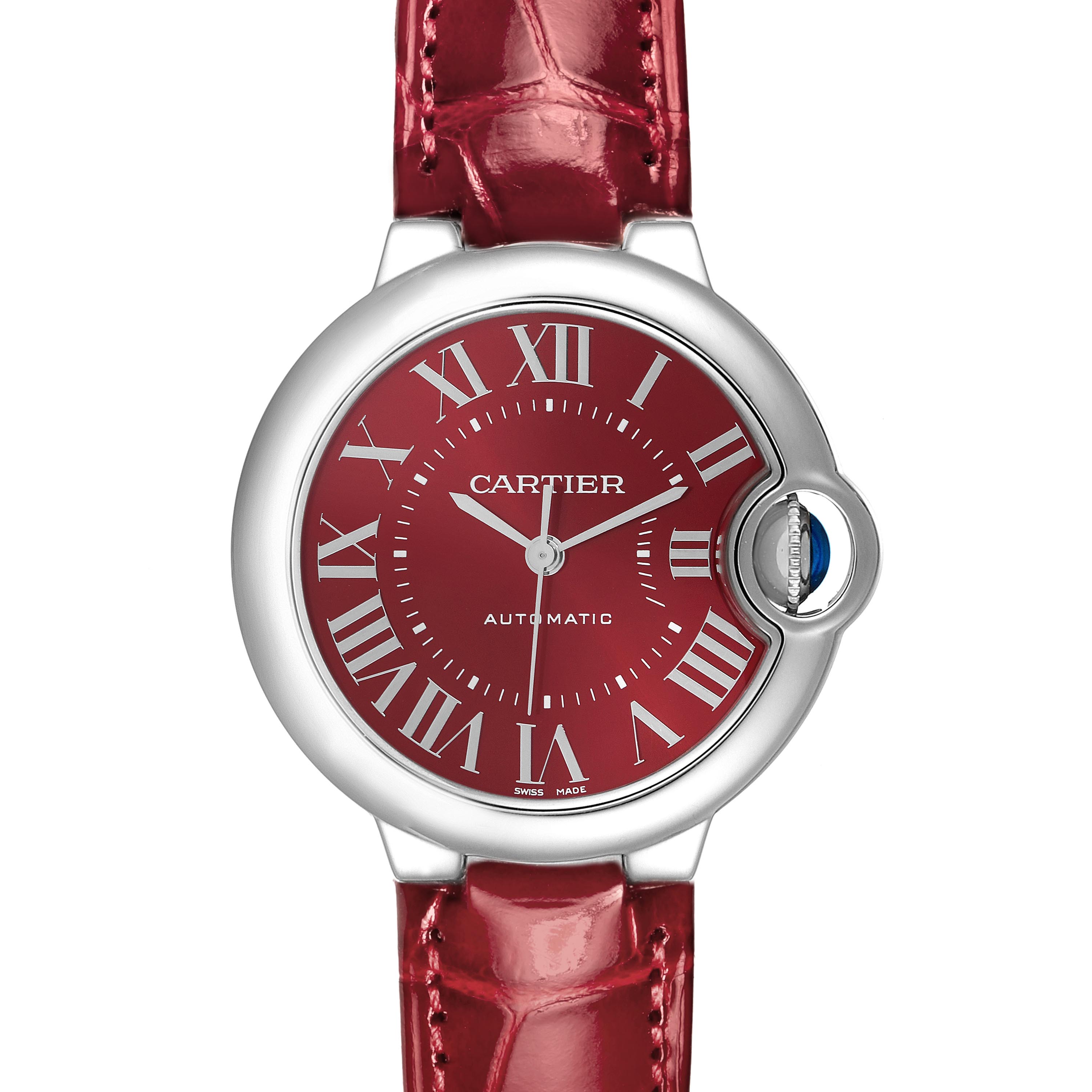 The Cartier Ballon Bleu WSBB0022 Women
s Stainless Steel Red Dial WSBB0022 Women
s Stainless Steel Red Dial watch is shown from a front angle, highlighting its red dial, Roman numerals, and metal case with a leather strap.