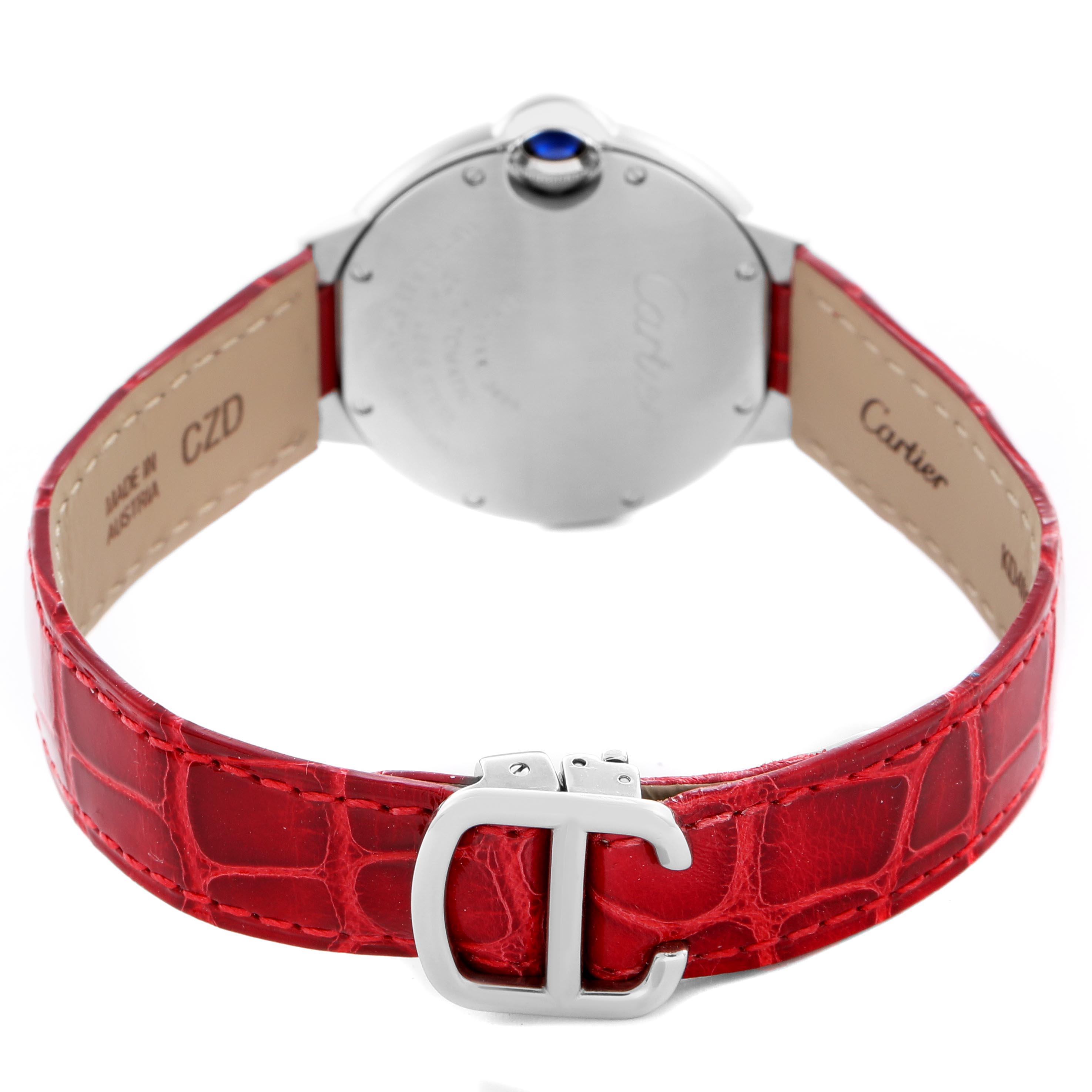 The image shows the back view of a Cartier Ballon Bleu WSBB0022 Women
s Stainless Steel Red Dial WSBB0022 Women
s Stainless Steel Red Dial watch, highlighting the red strap and buckle.