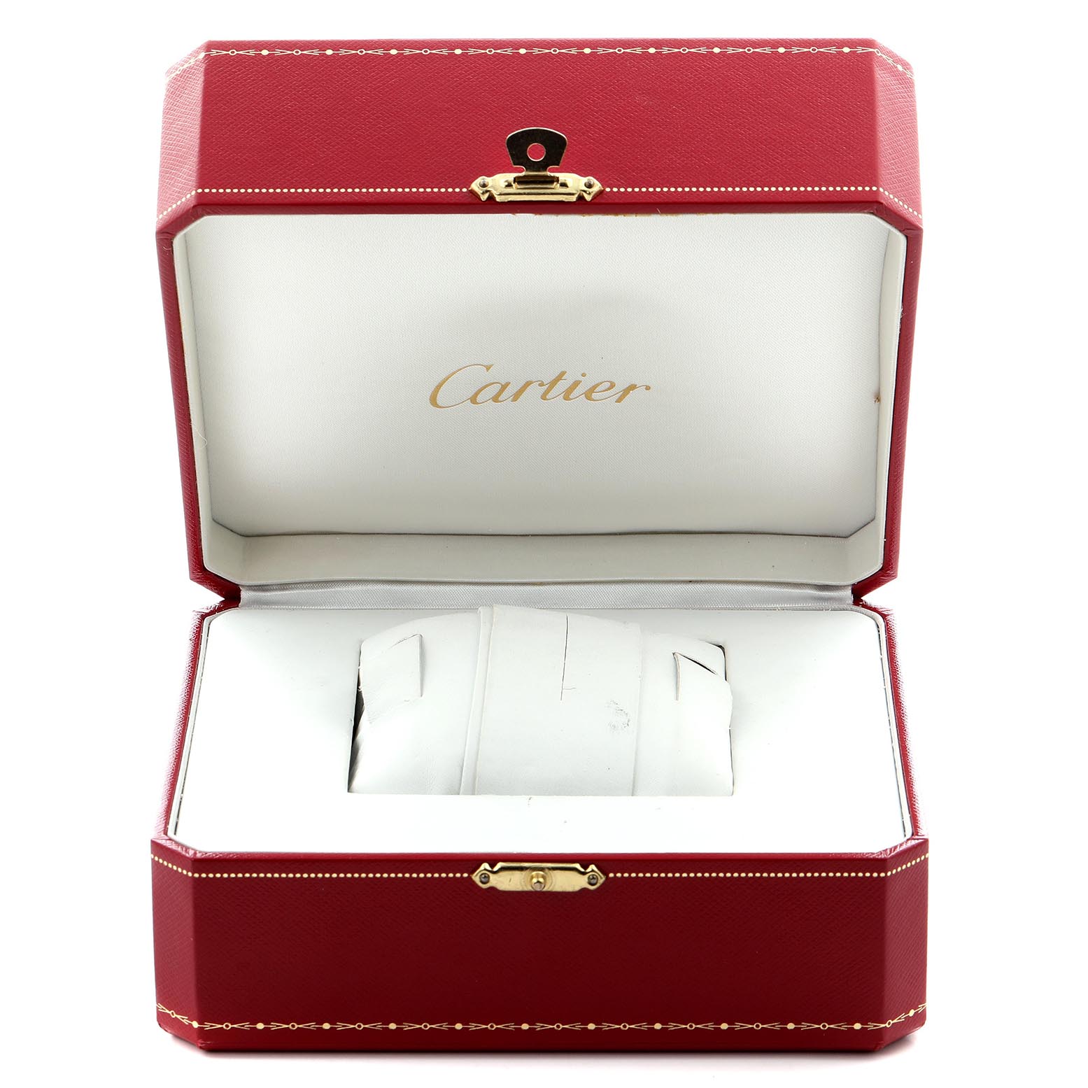 The image shows an open red Cartier watch box for the Ballon Bleu model, viewed from the front.