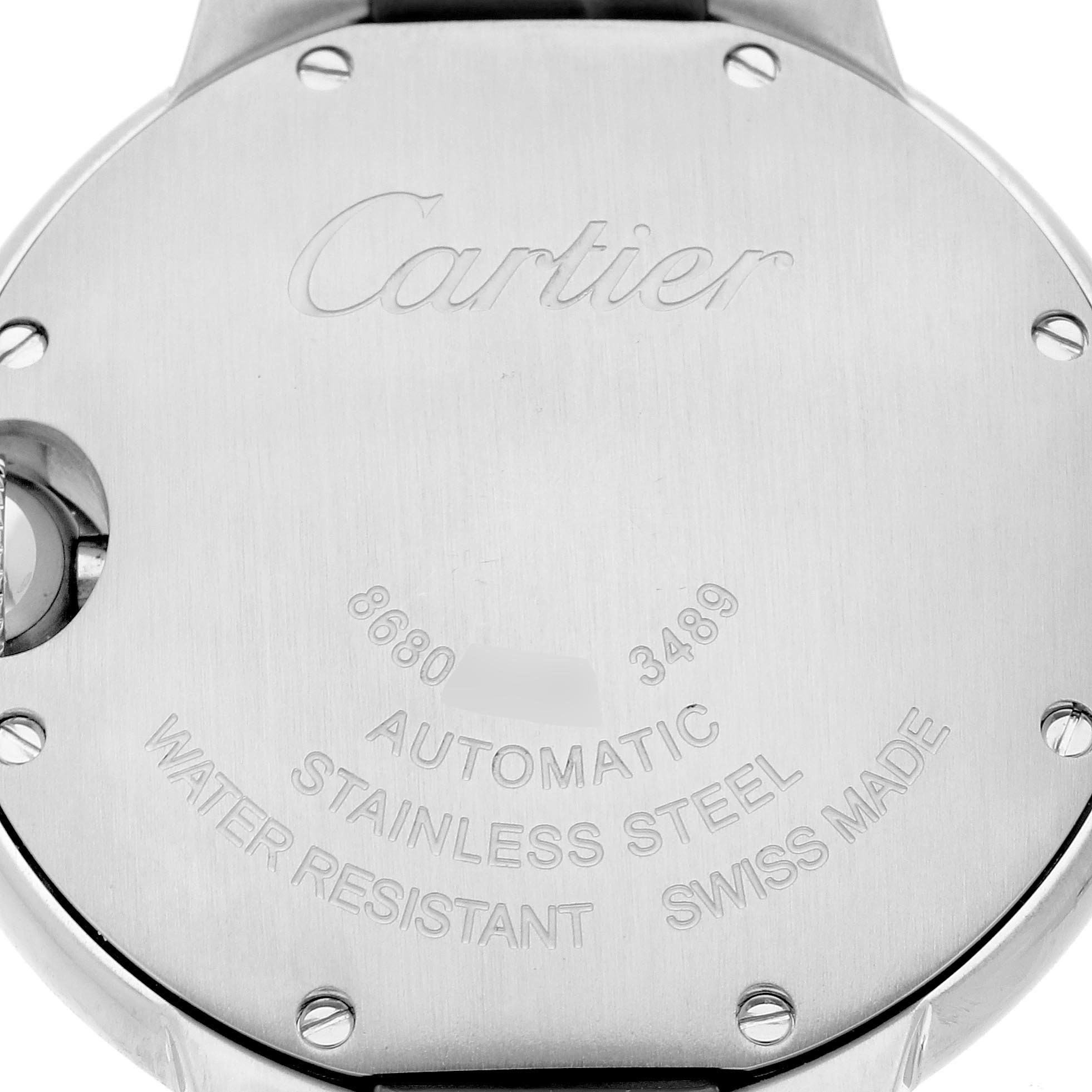 The image shows the back case of a Cartier Ballon Bleu WSBB0022 Women
s Stainless Steel Red Dial WSBB0022 Women
s Stainless Steel Red Dial watch, highlighting its brand engraving and specifications.