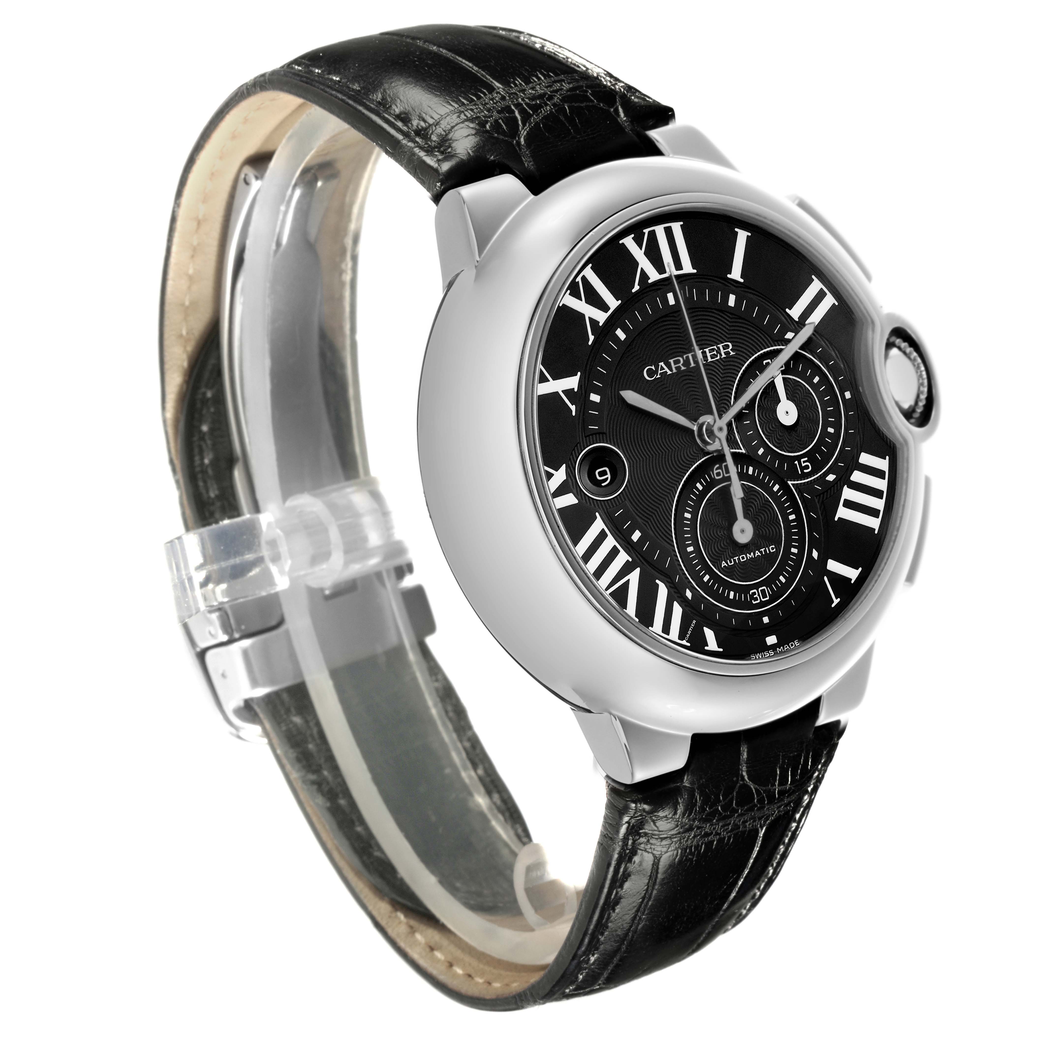 The Cartier Ballon Bleu W6920052 Men
s Stainless Steel Black Dial W6920052 Men
s Stainless Steel Black Dial watch is shown at a slight angle, highlighting the dial, case, and a portion of the leather strap.