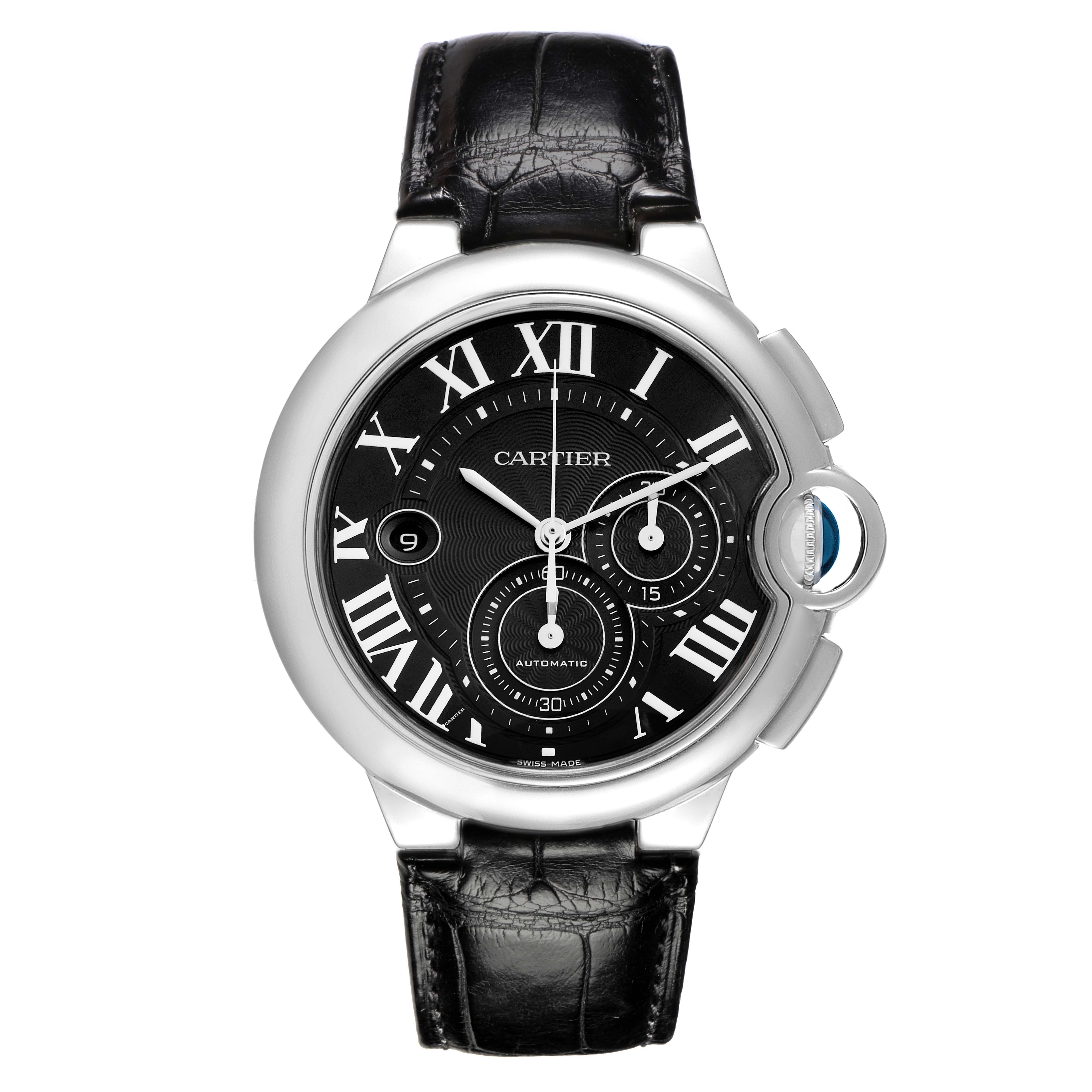 The Cartier Ballon Bleu W6920052 Men
s Stainless Steel Black Dial W6920052 Men
s Stainless Steel Black Dial watch is shown from the front, highlighting the dial, bezel, crown, and leather strap.