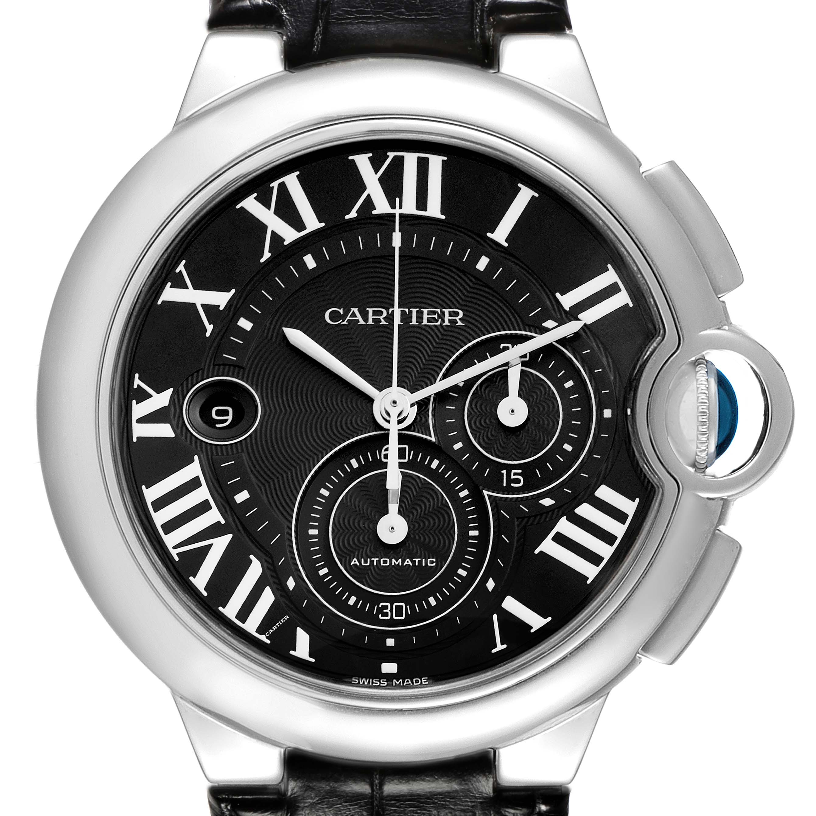 The image shows a frontal view of the Cartier Ballon Bleu W6920052 Men
s Stainless Steel Black Dial W6920052 Men
s Stainless Steel Black Dial watch, highlighting its black dial, Roman numerals, and the signature crown.