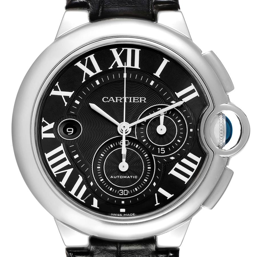 The image shows a frontal view of the Cartier Ballon Bleu watch, highlighting its black dial, Roman numerals, and the signature crown.