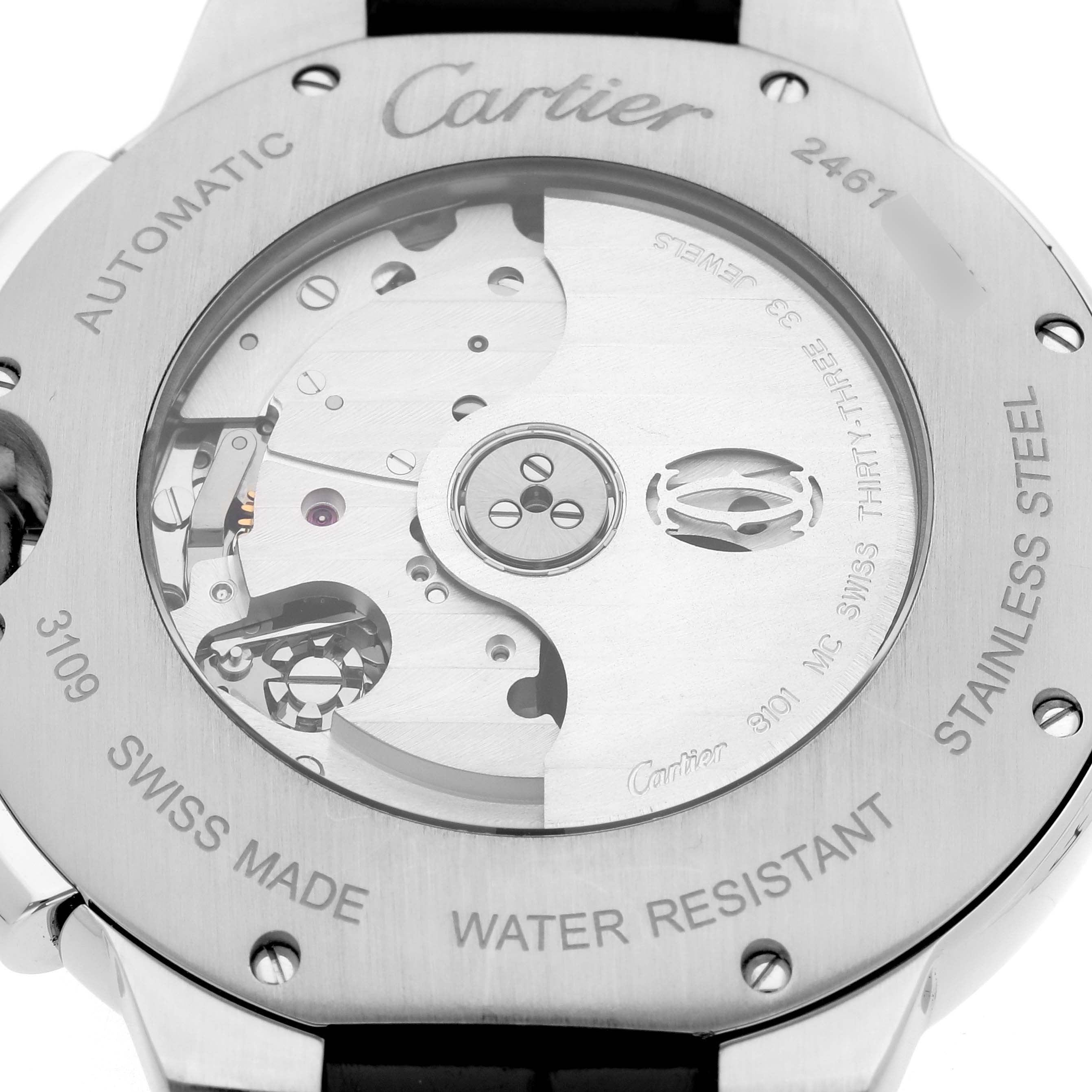 The image shows the back of a Cartier Ballon Bleu W6920052 Men
s Stainless Steel Black Dial W6920052 Men
s Stainless Steel Black Dial watch, highlighting its automatic movement and stainless steel case.
