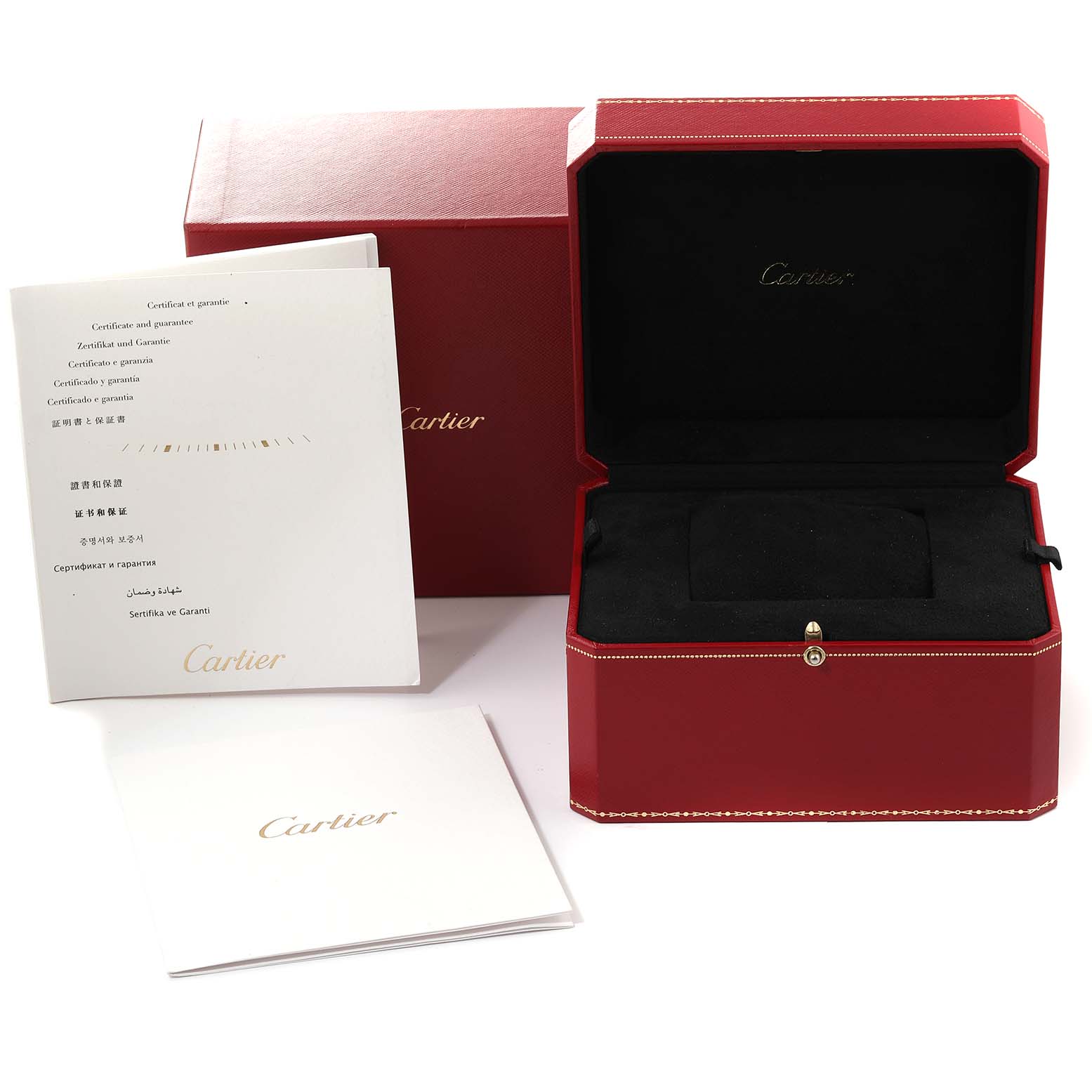 The image shows the open box, outer box, and booklets for a Cartier Hypnose WJHY0006 Women's Rose Gold Silver Dial WJHY0006 Women's Rose Gold Silver Dial watch.