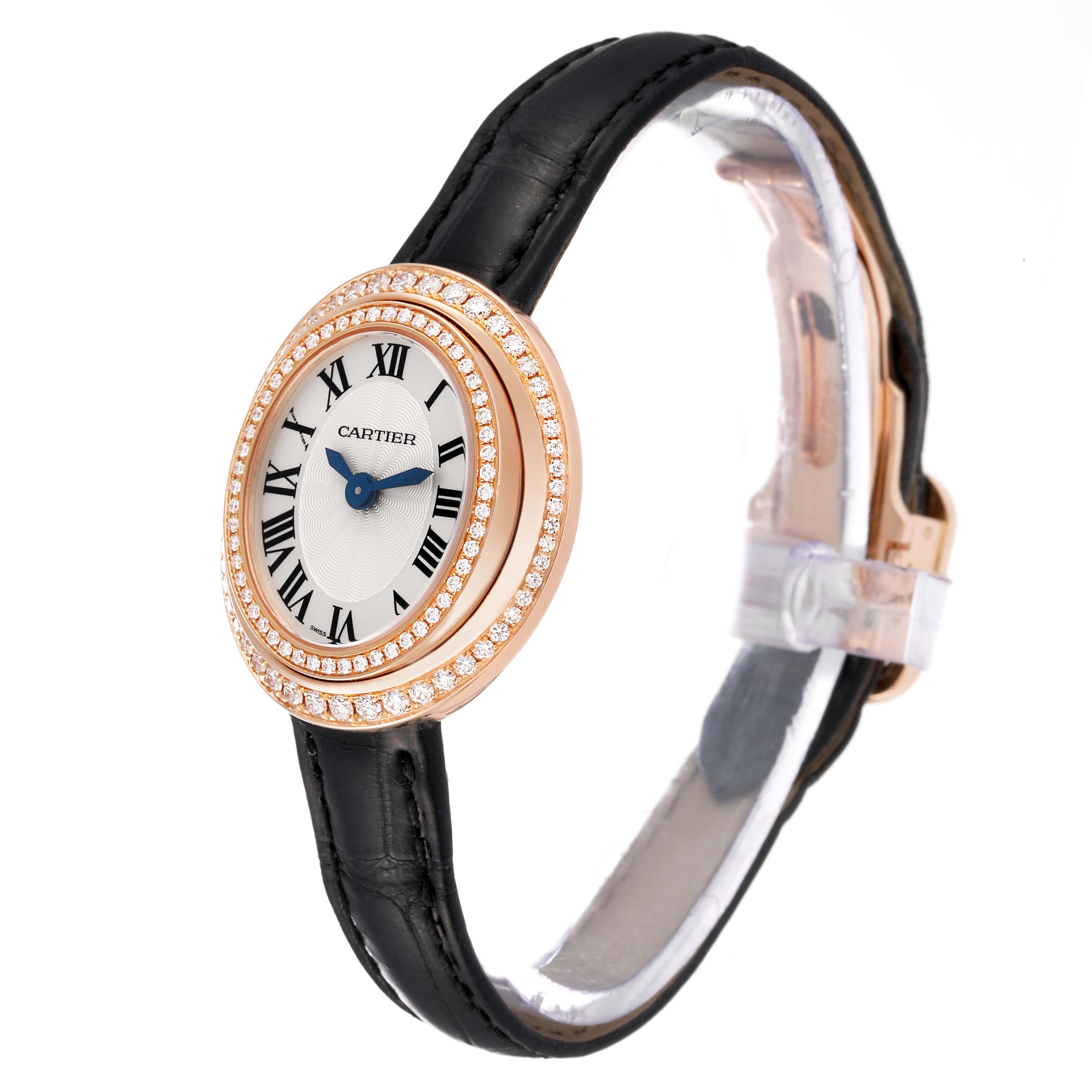 The image shows a Cartier Hypnose WJHY0006 Women's Rose Gold Silver Dial WJHY0006 Women's Rose Gold Silver Dial watch at a three-quarter angle featuring its leather strap and diamond-set bezel.