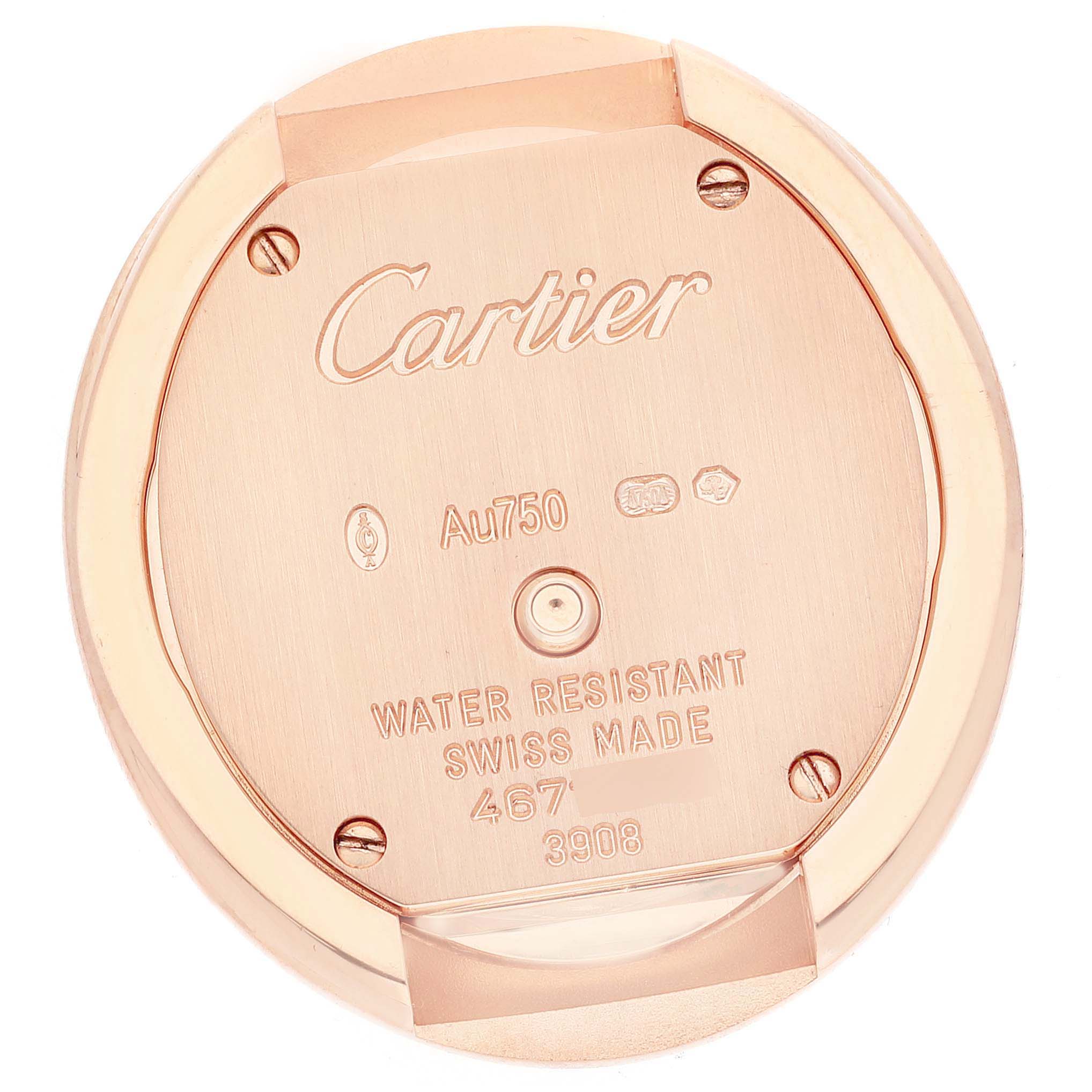 The image shows the back case of a Cartier Hypnose WJHY0006 Women's Rose Gold Silver Dial WJHY0006 Women's Rose Gold Silver Dial watch, highlighting branding and specifications.
