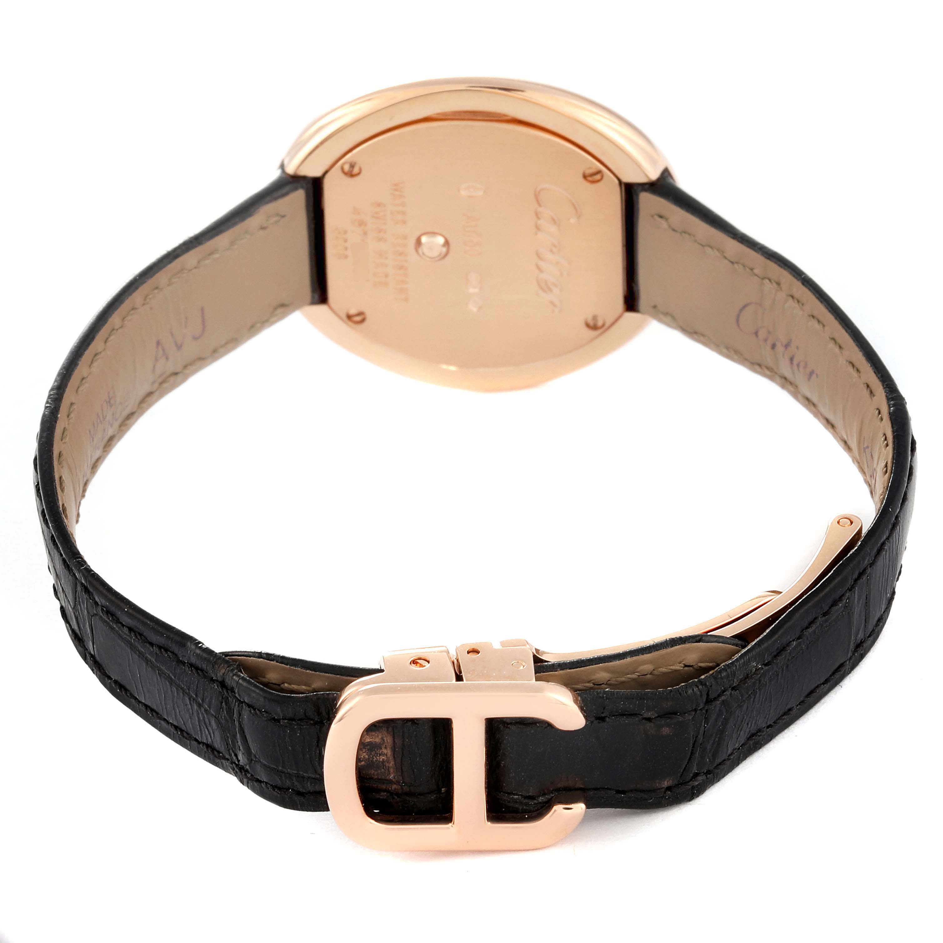 This image shows the back view of the Cartier Hypnose WJHY0006 Women's Rose Gold Silver Dial WJHY0006 Women's Rose Gold Silver Dial watch, highlighting the case back and the clasp mechanism of the leather strap.