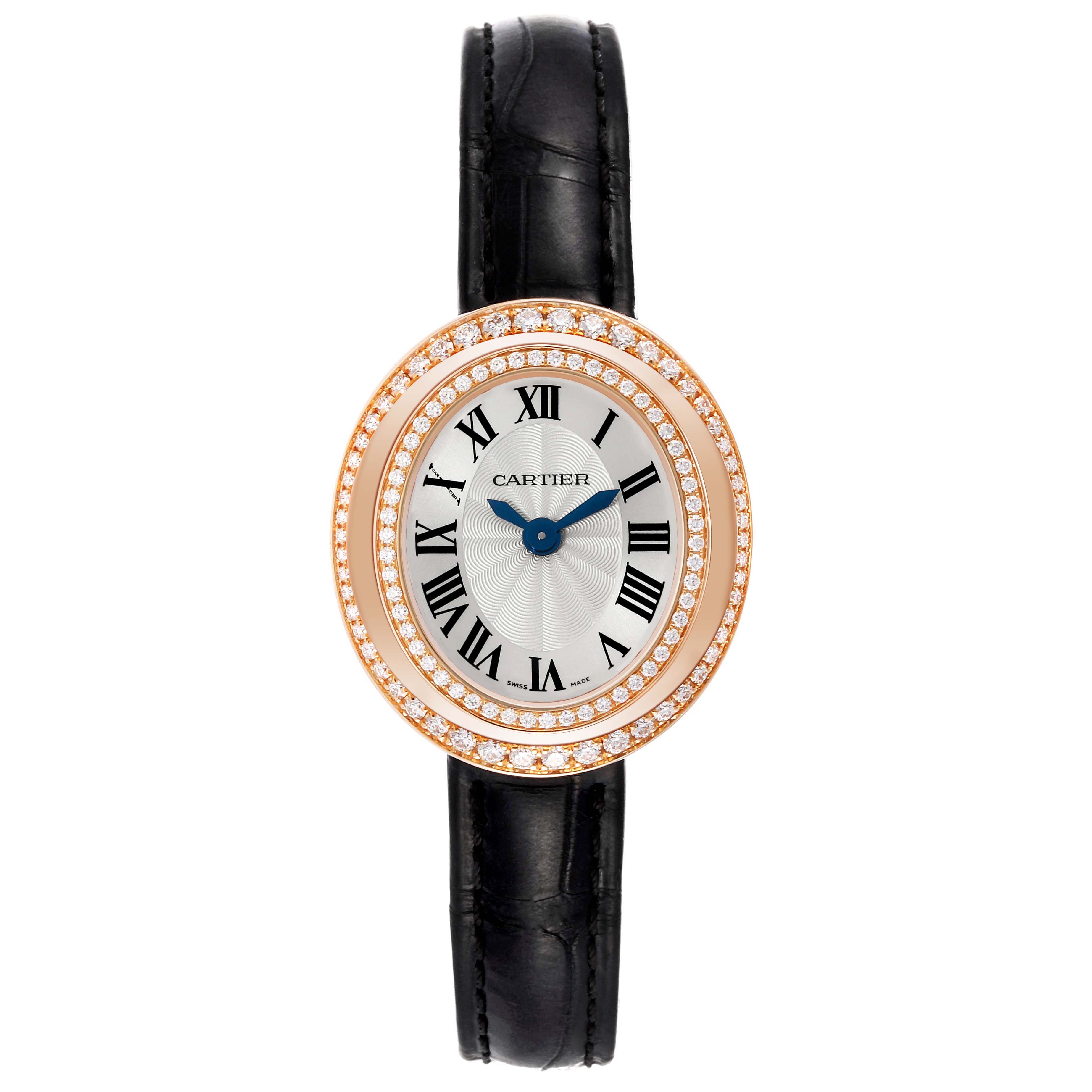 This image shows a front angle of the Cartier Hypnose WJHY0006 Women's Rose Gold Silver Dial WJHY0006 Women's Rose Gold Silver Dial watch, highlighting its oval face, diamond bezel, and black leather strap.
