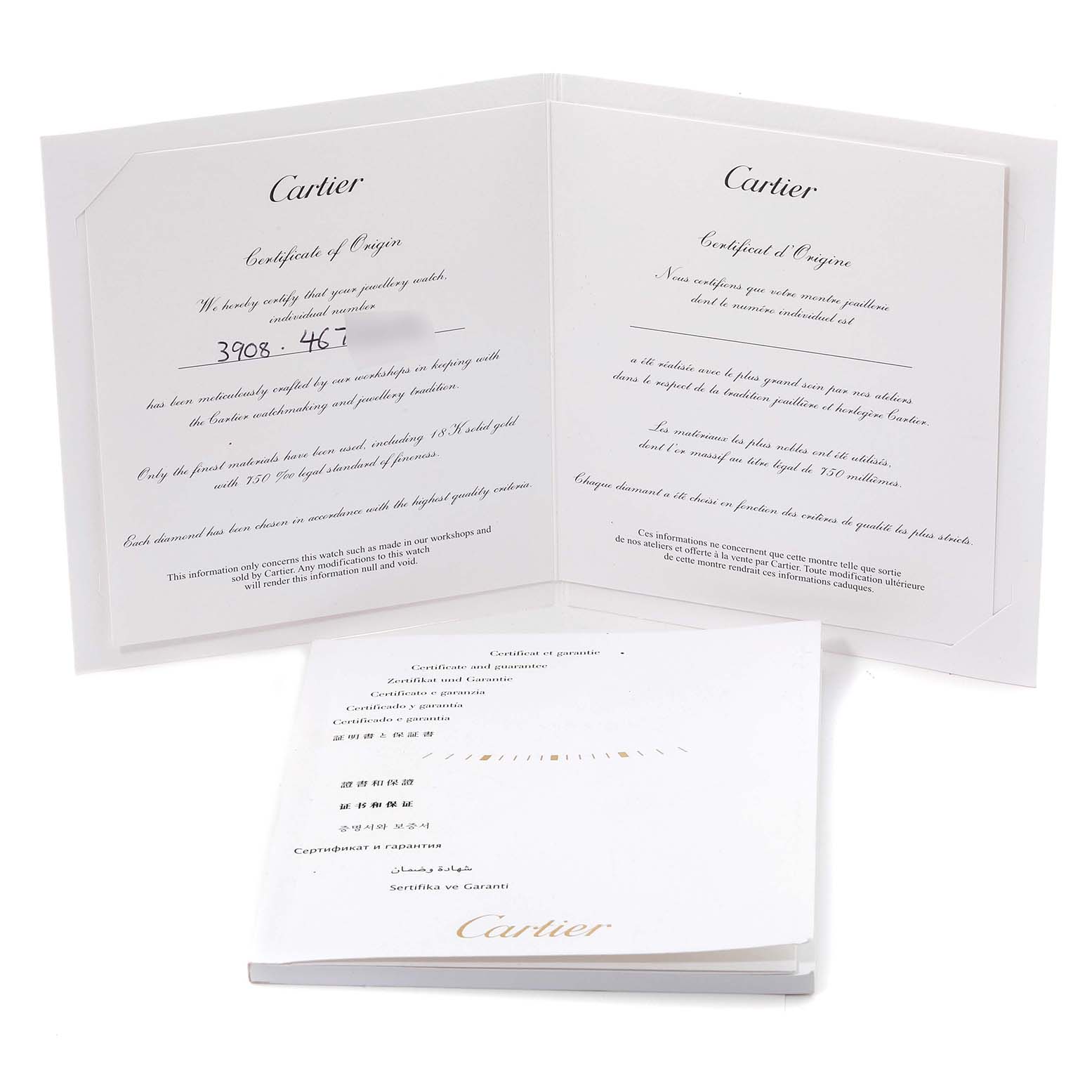 The image shows warranty and certificate of origin booklets for the Cartier Hypnose WJHY0006 Women's Rose Gold Silver Dial WJHY0006 Women's Rose Gold Silver Dial model.