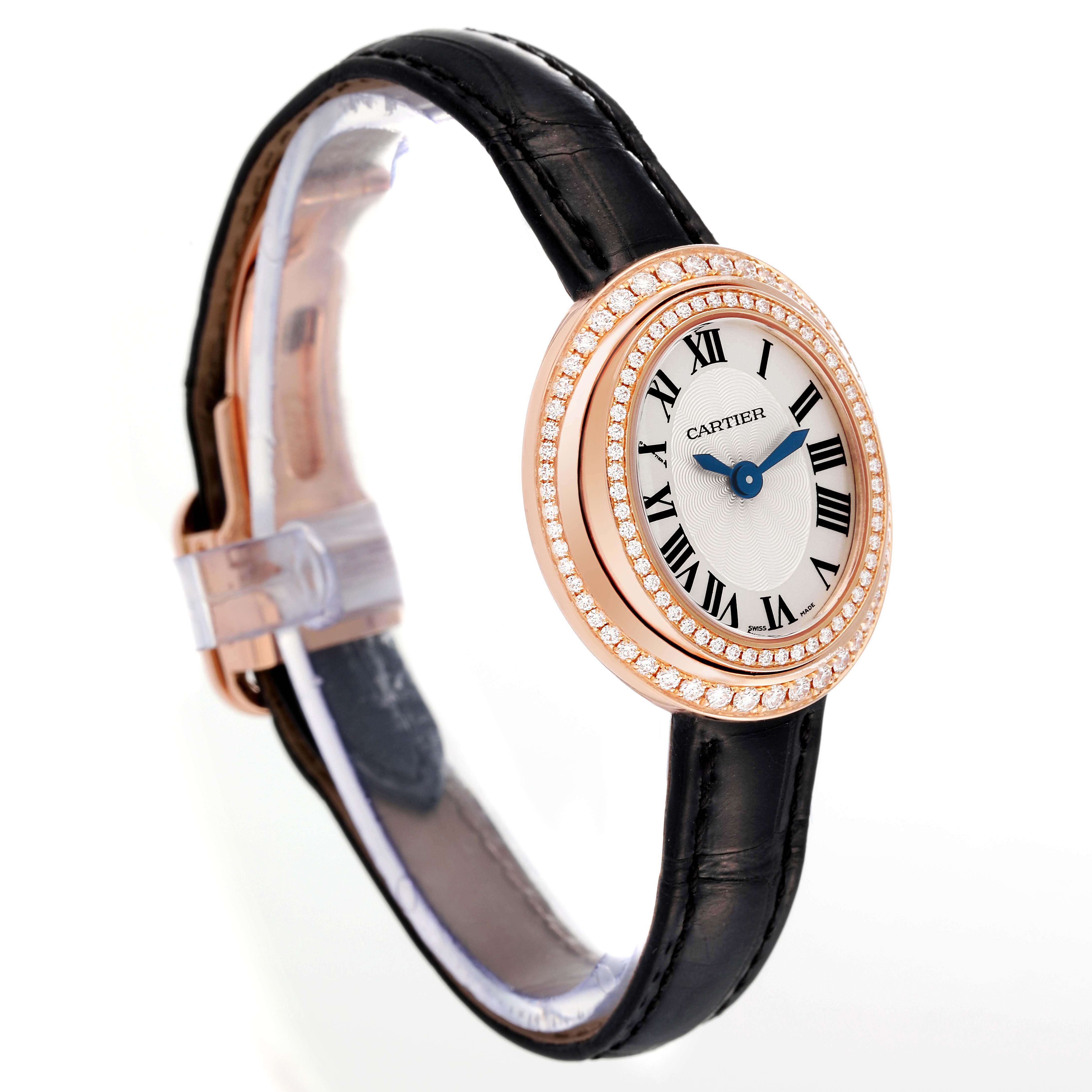 The Cartier Hypnose WJHY0006 Women's Rose Gold Silver Dial WJHY0006 Women's Rose Gold Silver Dial watch is shown at a slight angle displaying its dial, diamond-set bezel, and black strap.