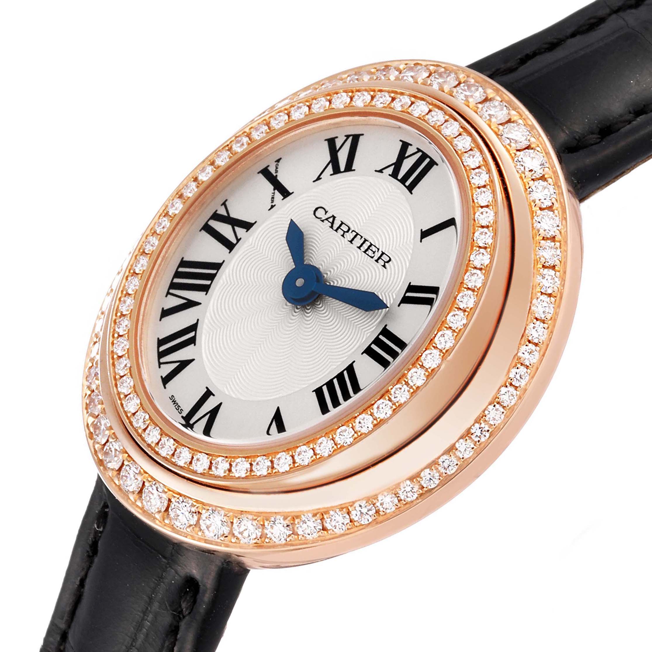 The Hypnose model by Cartier is shown at a slight angle, displaying the face, diamond-encrusted bezel, and part of the black strap.
