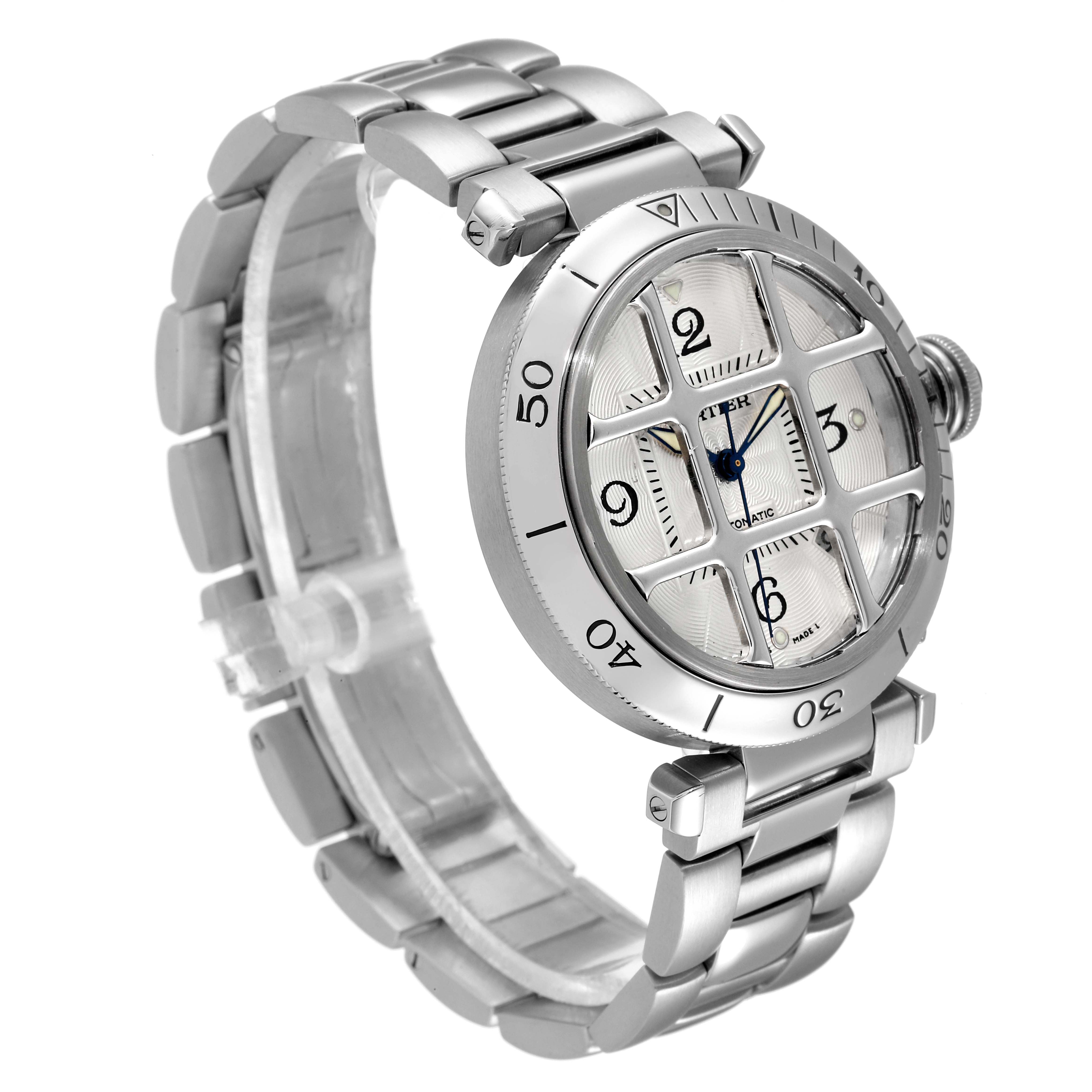 The image shows a Cartier Pasha W31040H3 Men's Stainless Steel Silver Dial W31040H3 Men's Stainless Steel Silver Dial watch at a three-quarter angle, displaying the dial, case, bracelet, and crown.