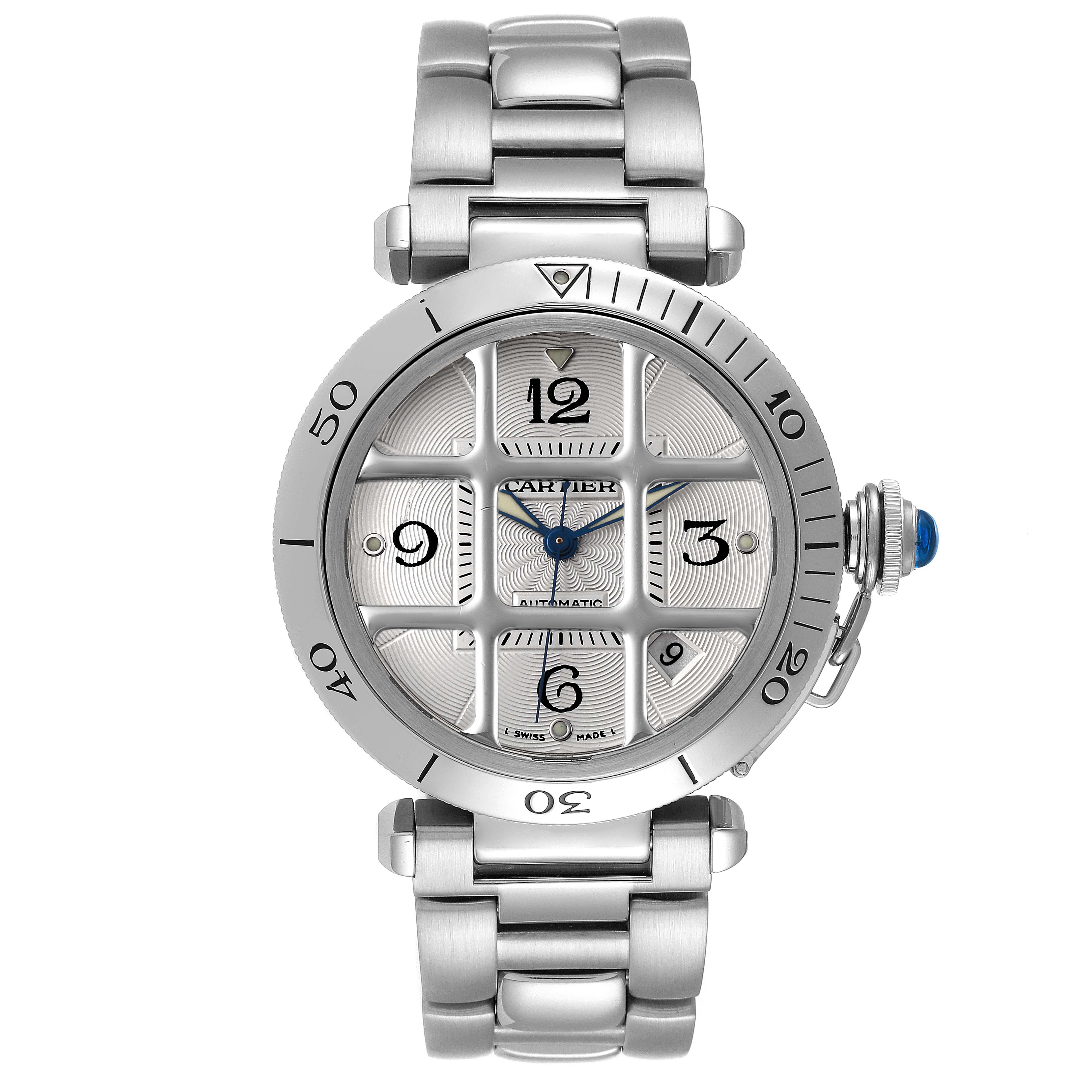 This image shows a front view of the Cartier Pasha W31040H3 Men's Stainless Steel Silver Dial W31040H3 Men's Stainless Steel Silver Dial watch, highlighting its face, bezel, and stainless steel bracelet.