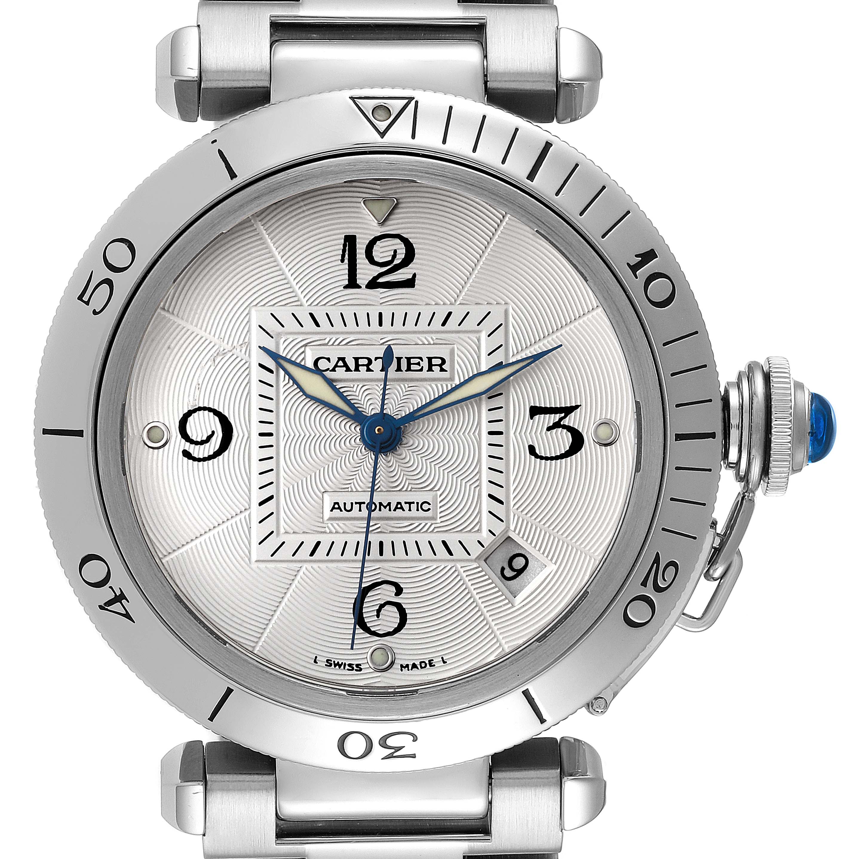 The image shows a front view of the Cartier Pasha W31040H3 Men's Stainless Steel Silver Dial W31040H3 Men's Stainless Steel Silver Dial watch, highlighting its face and bezel.