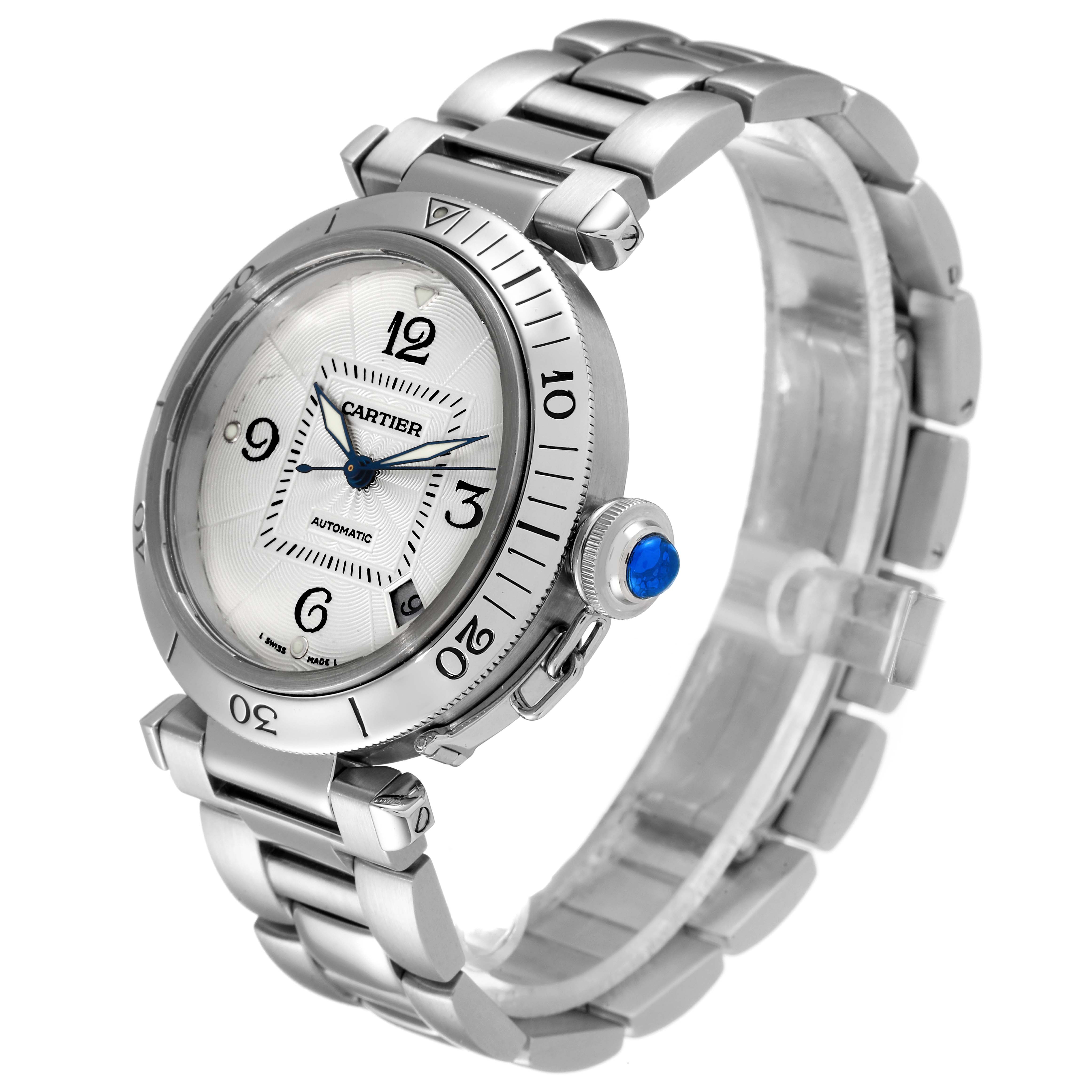 The Cartier Pasha W31040H3 Men's Stainless Steel Silver Dial W31040H3 Men's Stainless Steel Silver Dial watch is shown at an angle displaying the face, bezel, crown, and stainless steel bracelet.