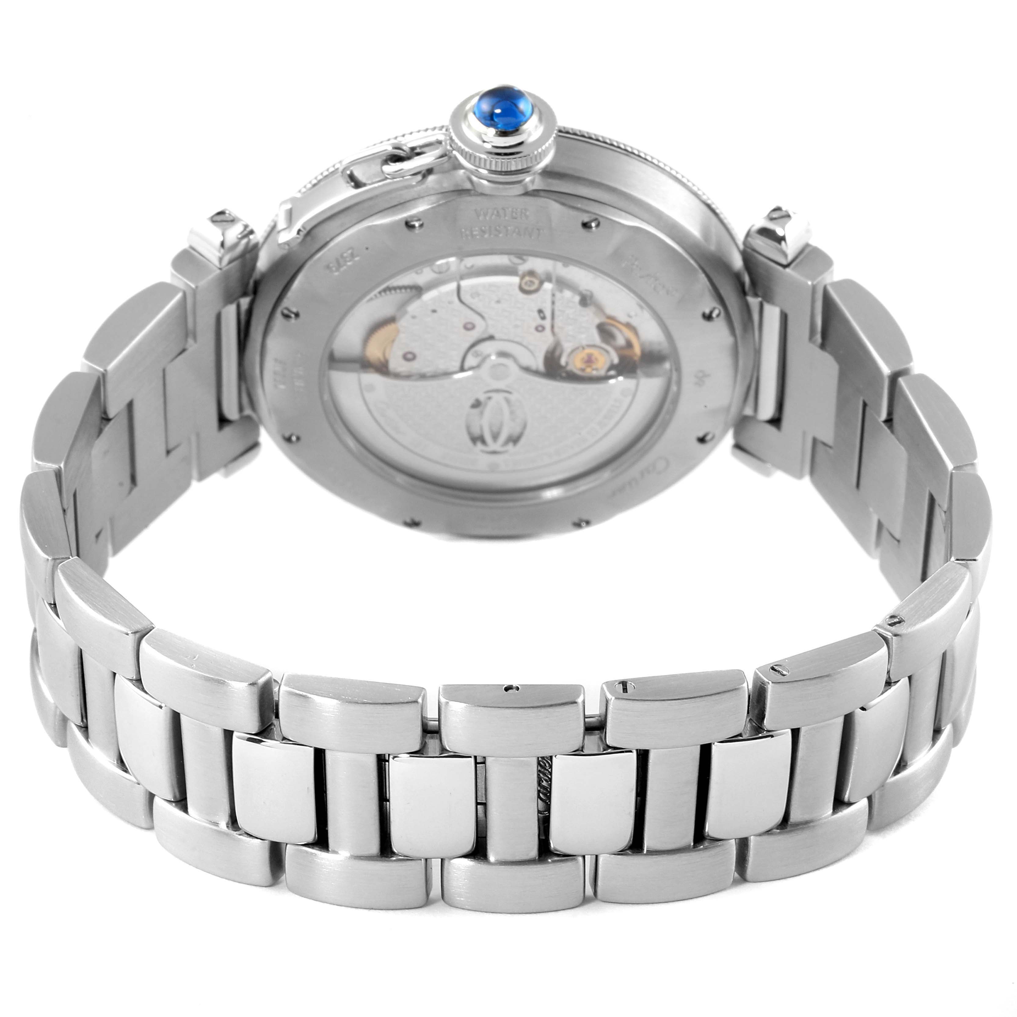This image shows the back and bracelet of the Cartier Pasha W31040H3 Men's Stainless Steel Silver Dial W31040H3 Men's Stainless Steel Silver Dial watch, highlighting its case and movement.