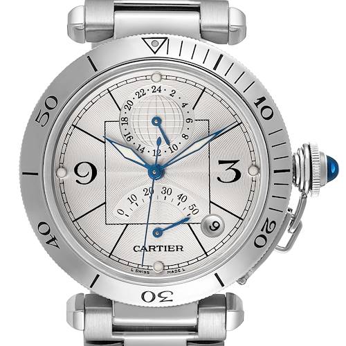 The Cartier Pasha W31037H3 Men's Stainless Steel Silver Dial watch is shown from a front angle, highlighting the dial, bezel, crown, and part of the bracelet.