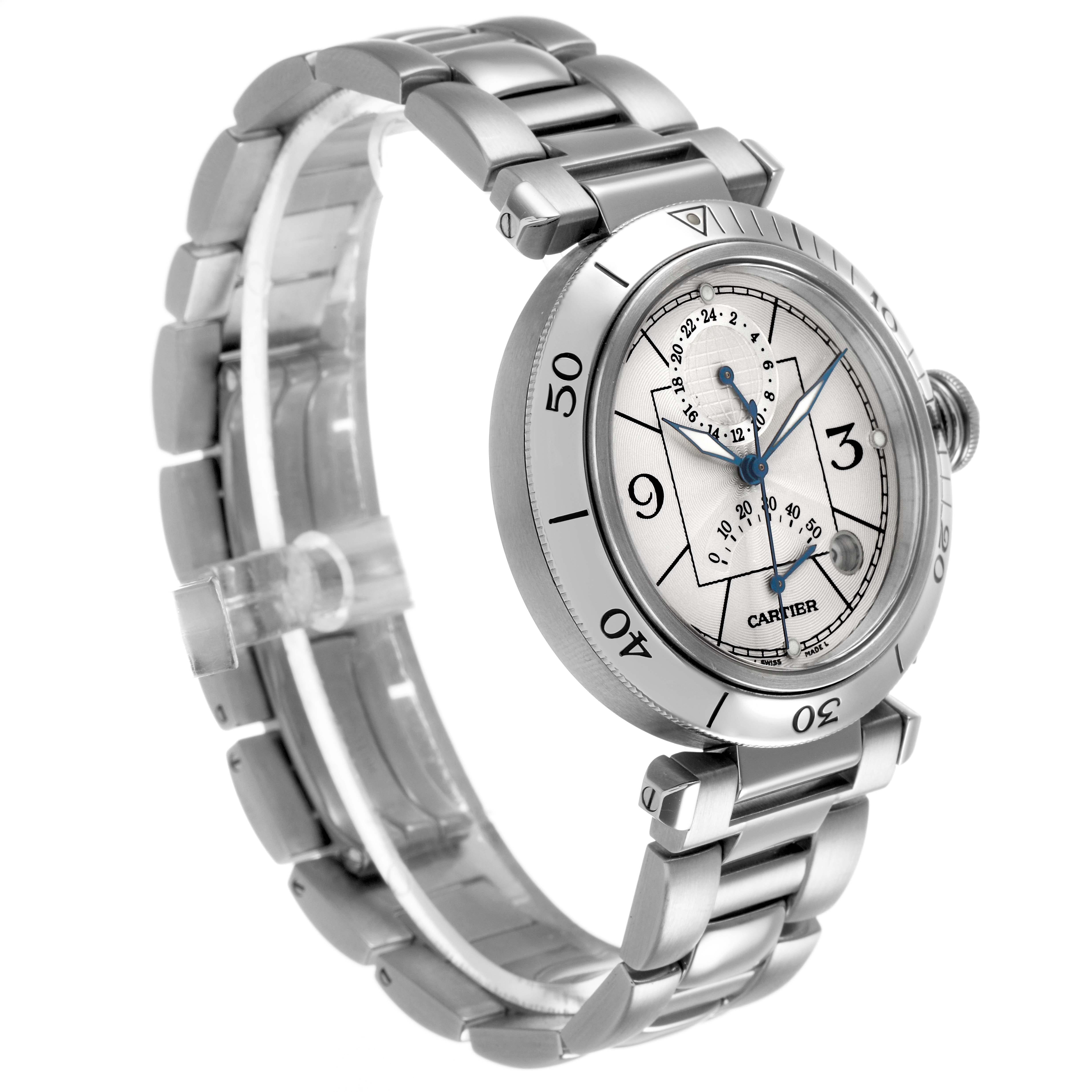 The Cartier Pasha W31037H3 Men's Stainless Steel Silver Dial watch is shown at a slight angle, highlighting its dial, bezel, bracelet, and crown.