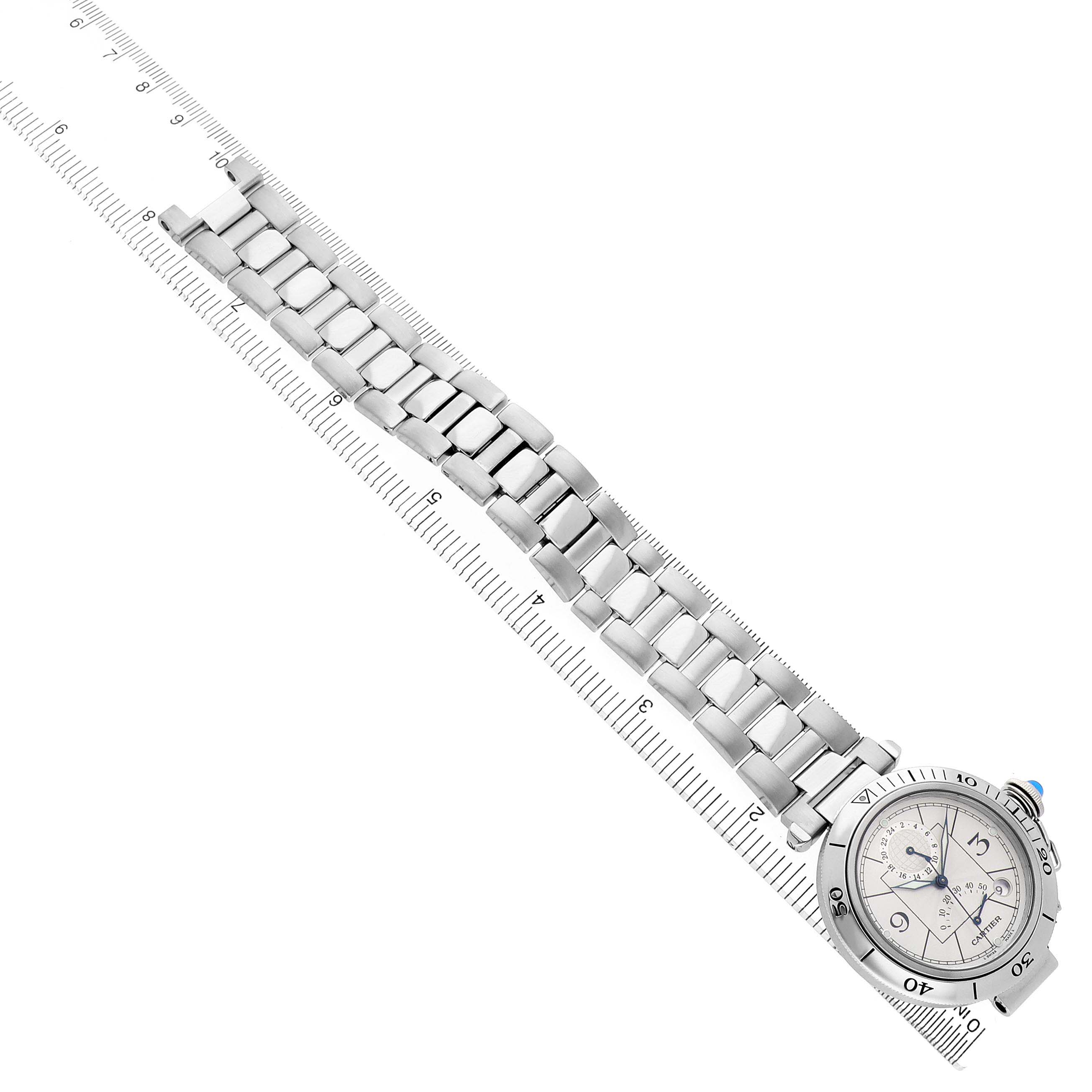 The Cartier Pasha W31037H3 Men's Stainless Steel Silver Dial watch is shown at an angled top view, displaying the face, bezel, and full metal bracelet.