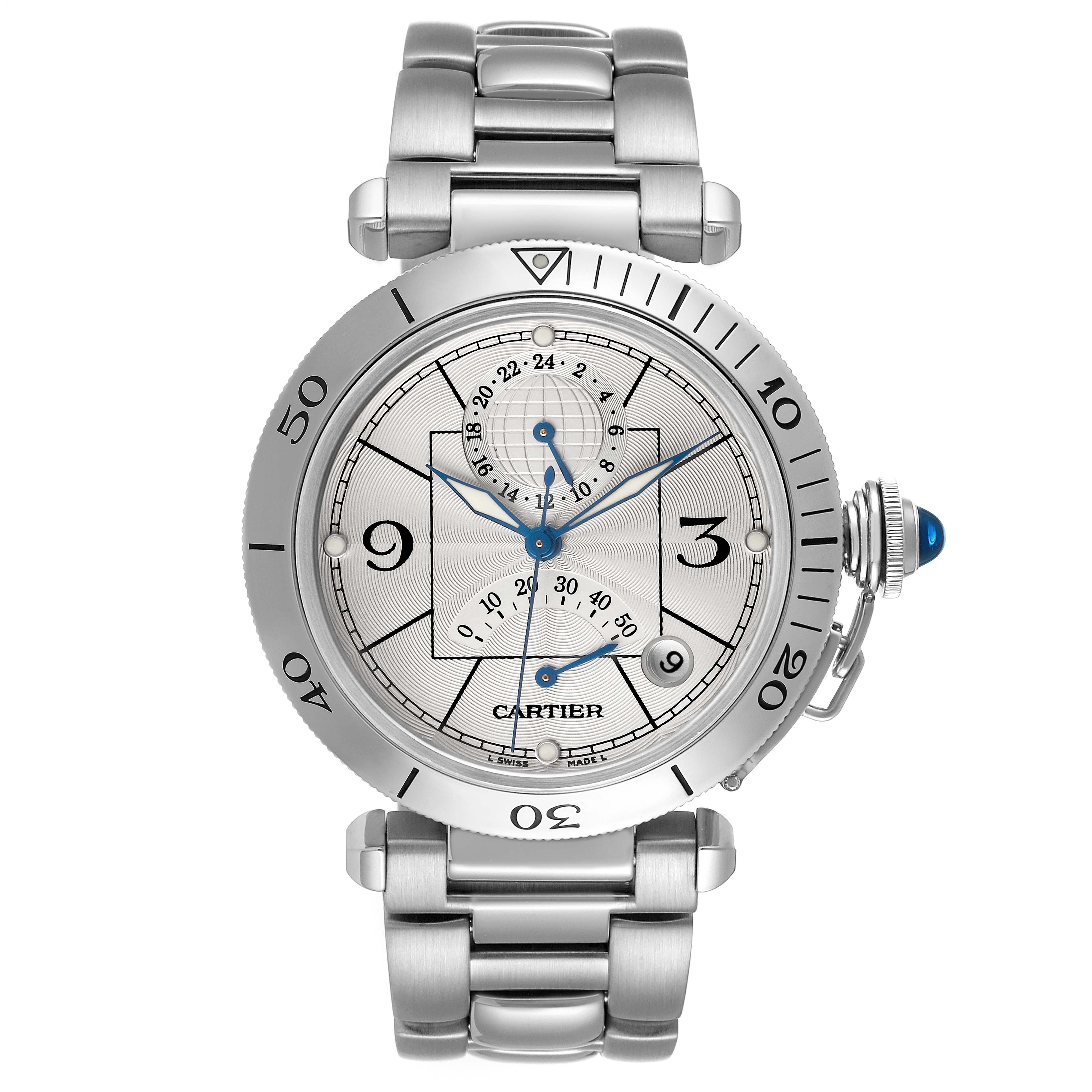 The Cartier Pasha W31037H3 Men's Stainless Steel Silver Dial watch is shown from a top-down angle, highlighting the face, bezel, and bracelet.