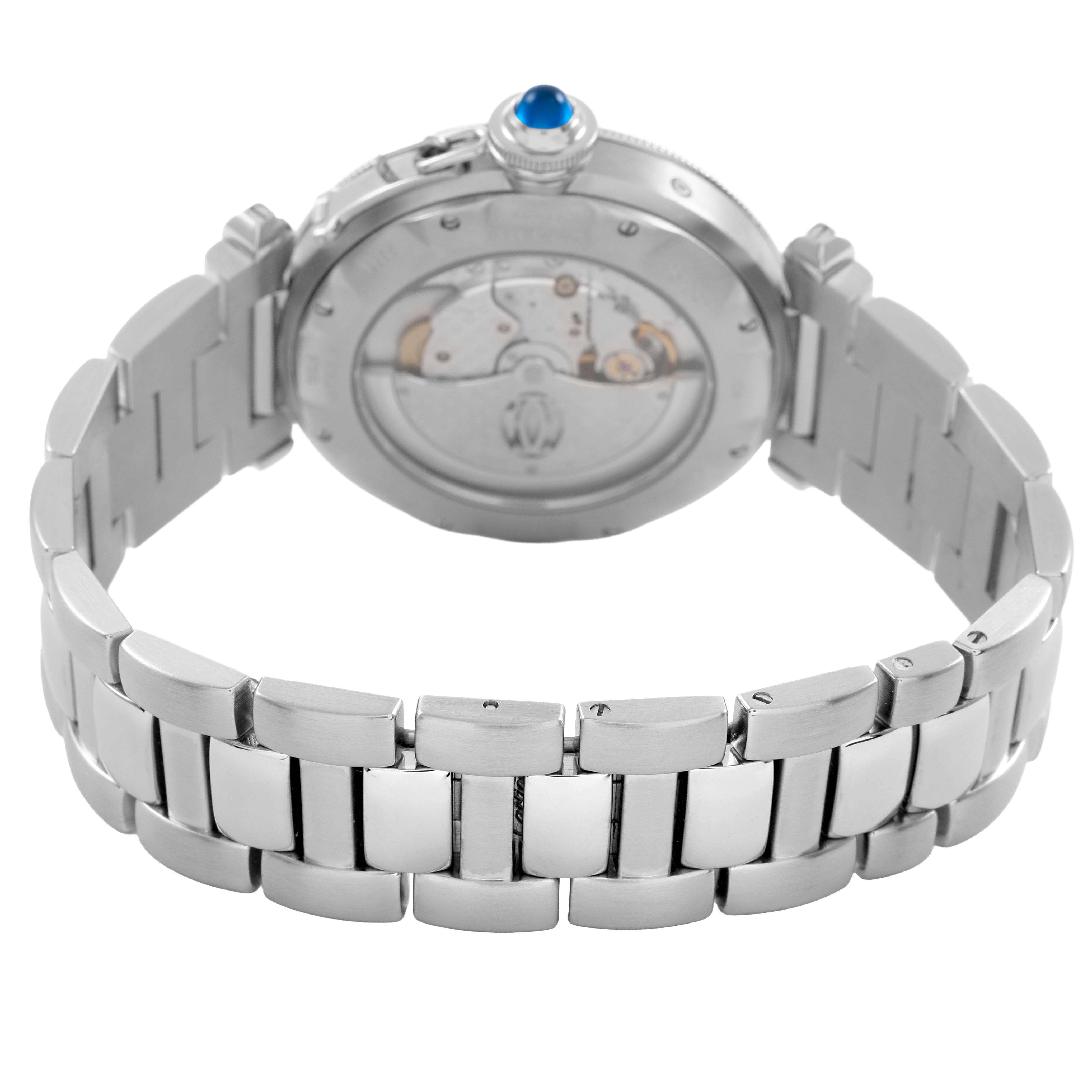 The image shows the back view of a Cartier Pasha W31037H3 Men's Stainless Steel Silver Dial watch, highlighting the bracelet and the watch's transparent case back.
