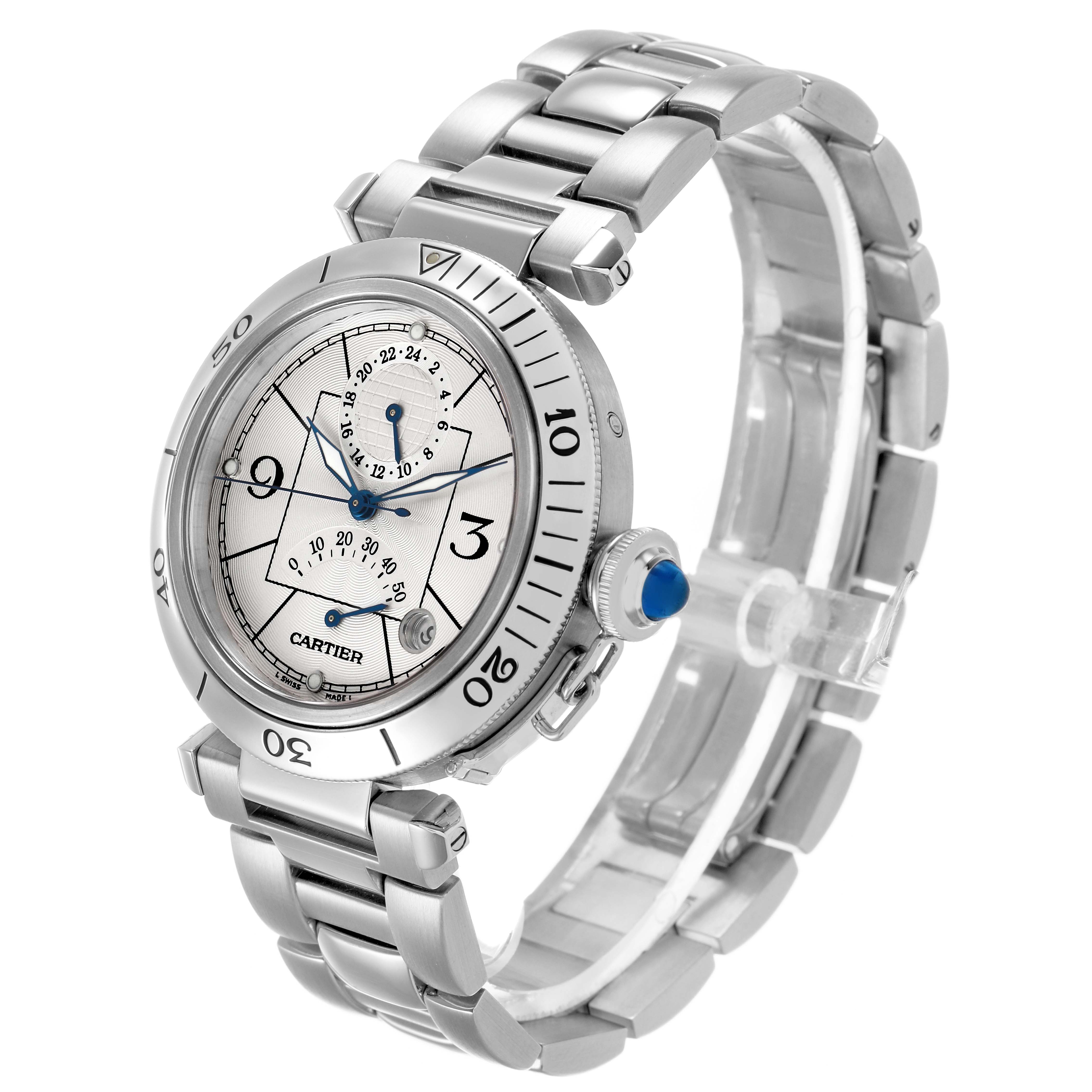 The Cartier Pasha W31037H3 Men's Stainless Steel Silver Dial watch is shown at a three-quarter angle, displaying the face, bezel, crown, and metal bracelet.