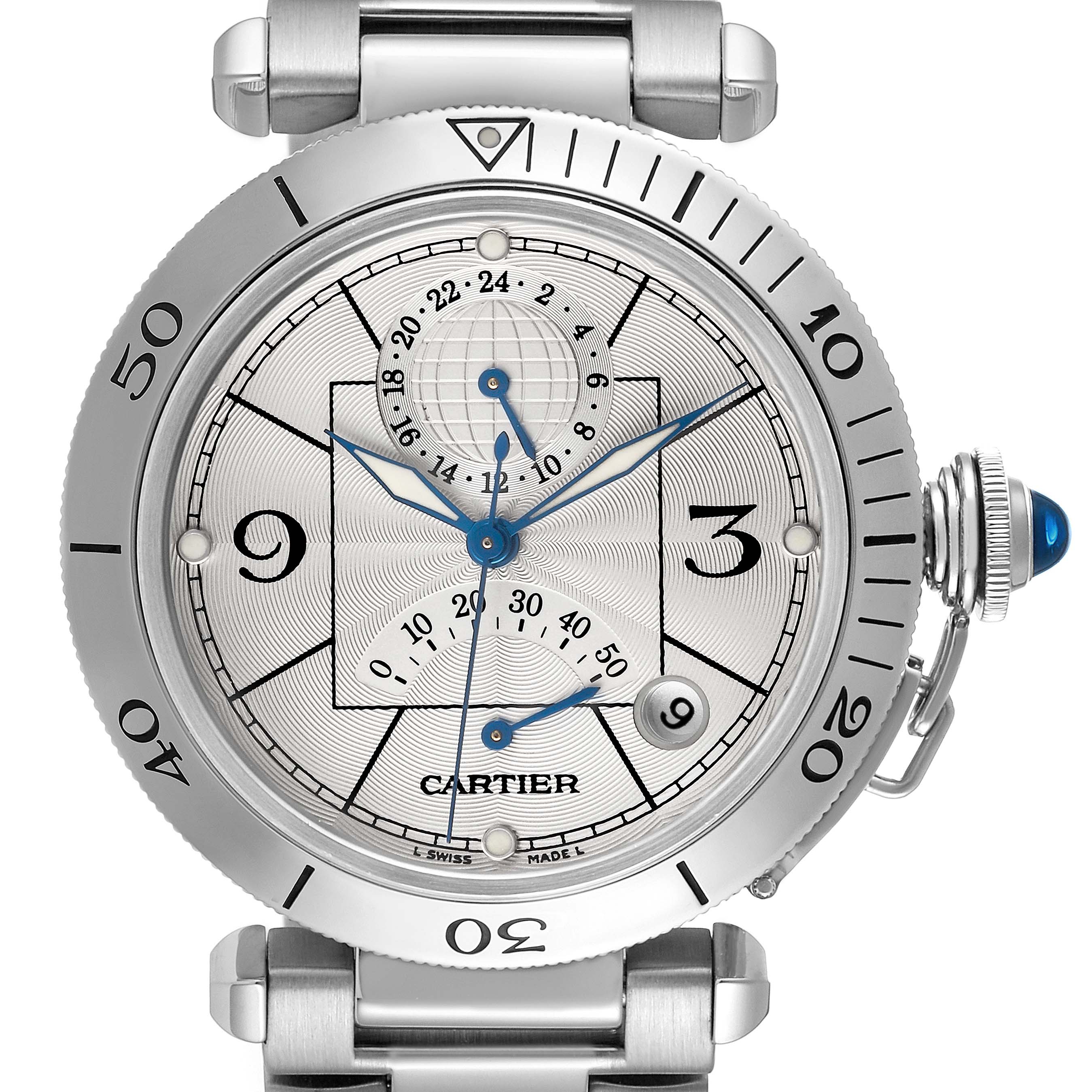 The Cartier Pasha W31037H3 Men's Stainless Steel Silver Dial watch is shown from a frontal angle highlighting its dial, crown with a blue cabochon, and bezel.
