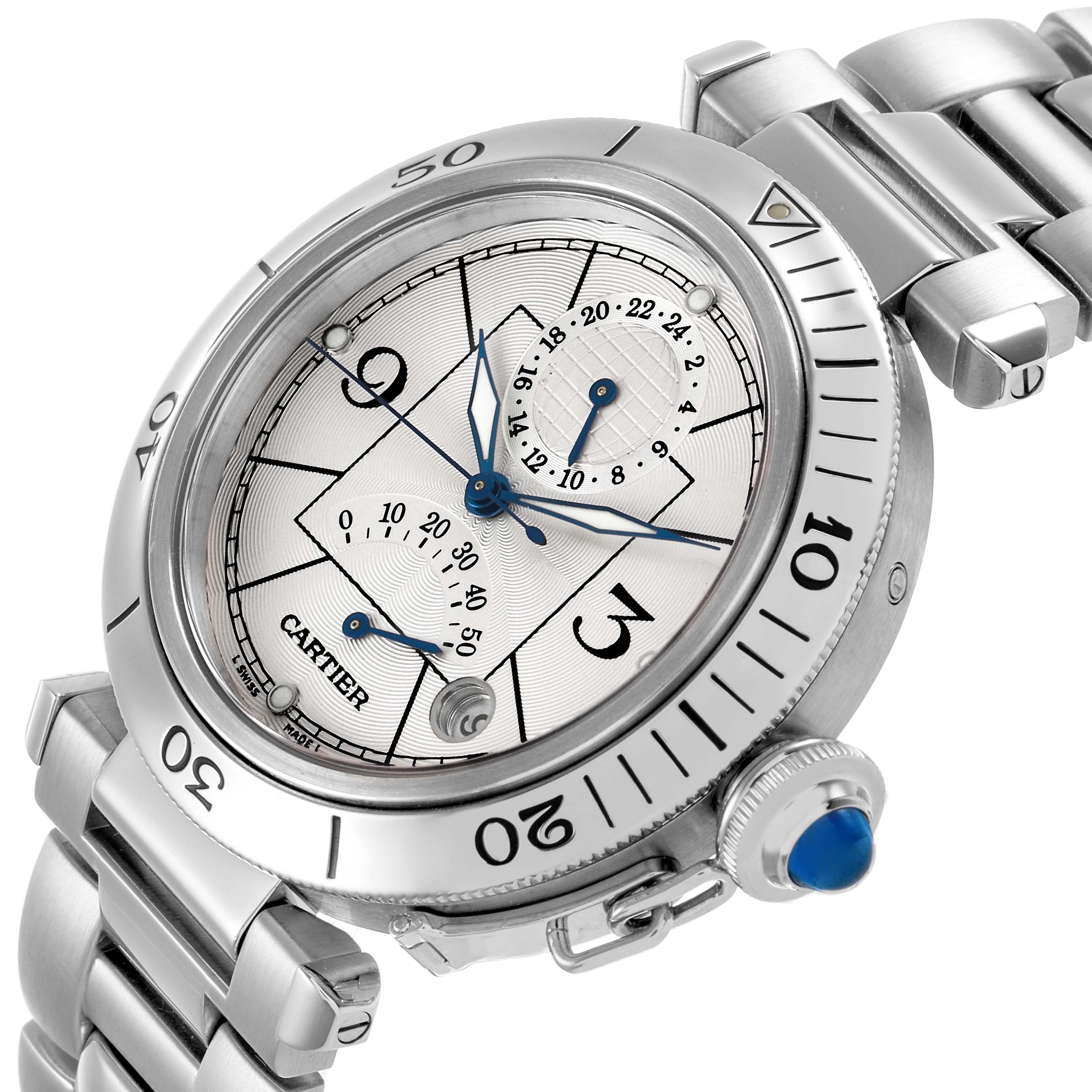 The Cartier Pasha W31037H3 Men's Stainless Steel Silver Dial watch is shown at a slight angle, highlighting its dial, bezel, bracelet, and blue cabochon crown.