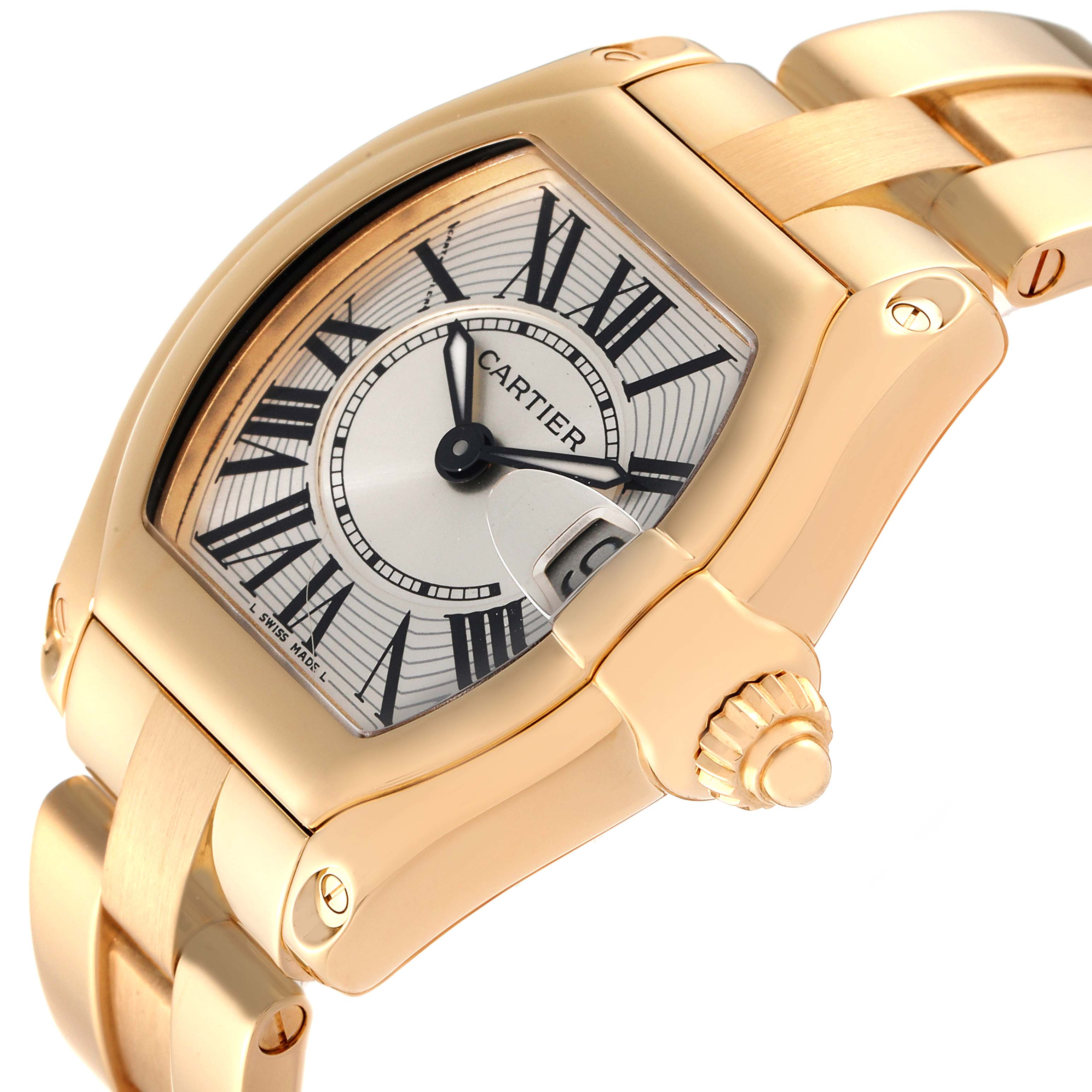 The Cartier Roadster W62018V1 Women
s Yellow Gold Silver Dial W62018V1 Women
s Yellow Gold Silver Dial watch is shown at a three-quarter angle, highlighting the face, crown, and part of the bracelet.
