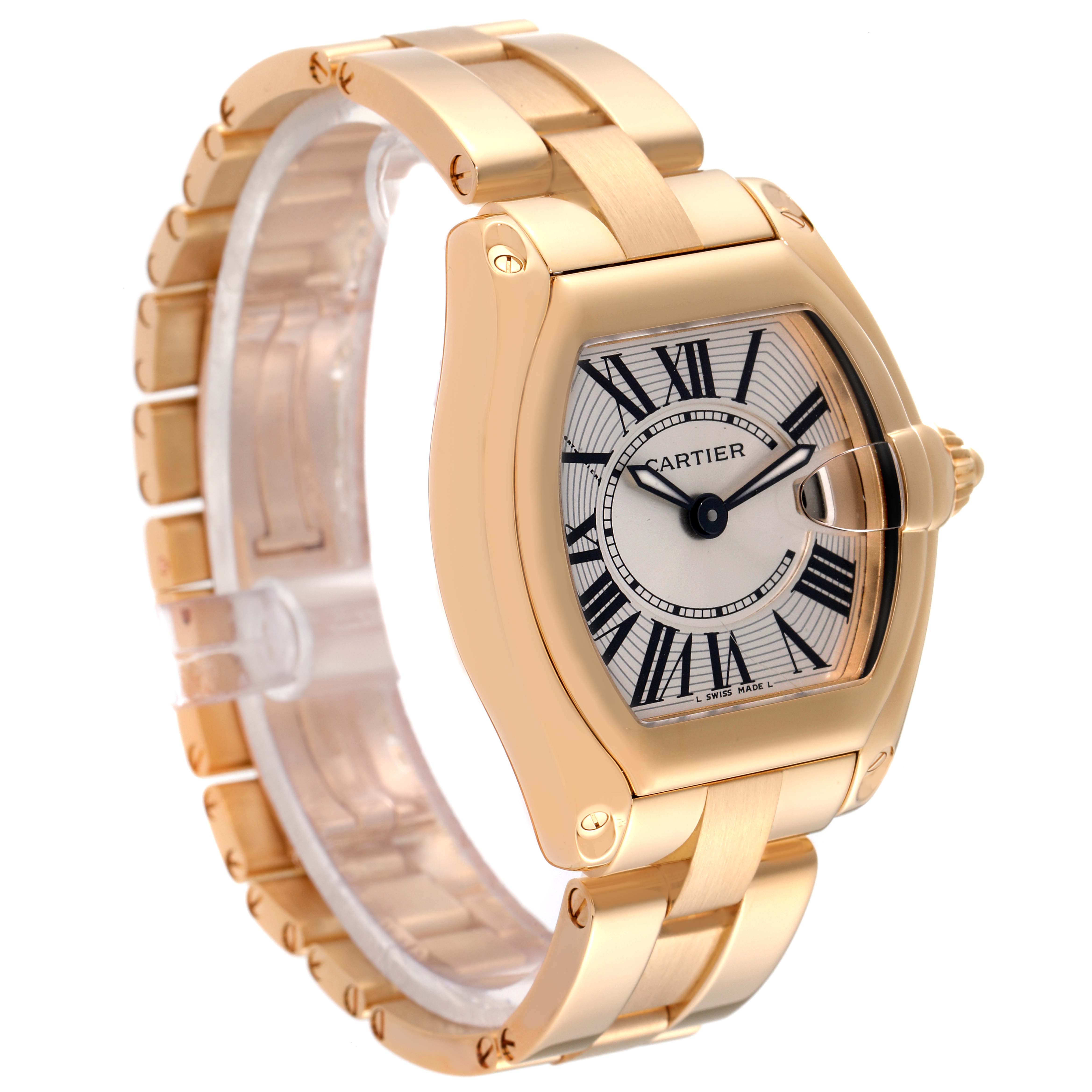 The Cartier Roadster W62018V1 Women
s Yellow Gold Silver Dial W62018V1 Women
s Yellow Gold Silver Dial watch is shown at a three-quarter angle, displaying its gold case, crown, and bracelet.