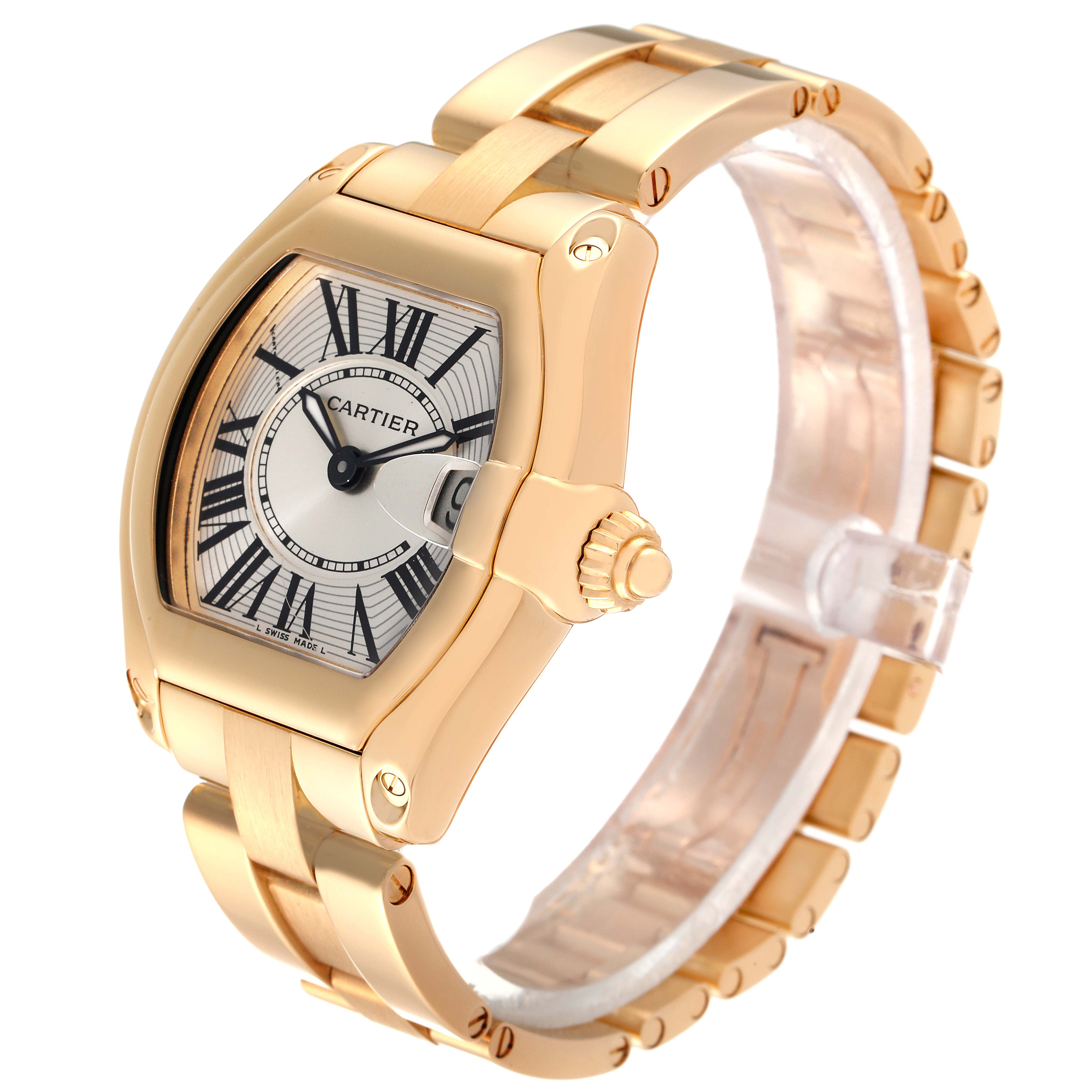 The image displays a Cartier Roadster W62018V1 Women
s Yellow Gold Silver Dial W62018V1 Women
s Yellow Gold Silver Dial watch from an angled side view, highlighting the face, case, and part of the bracelet.