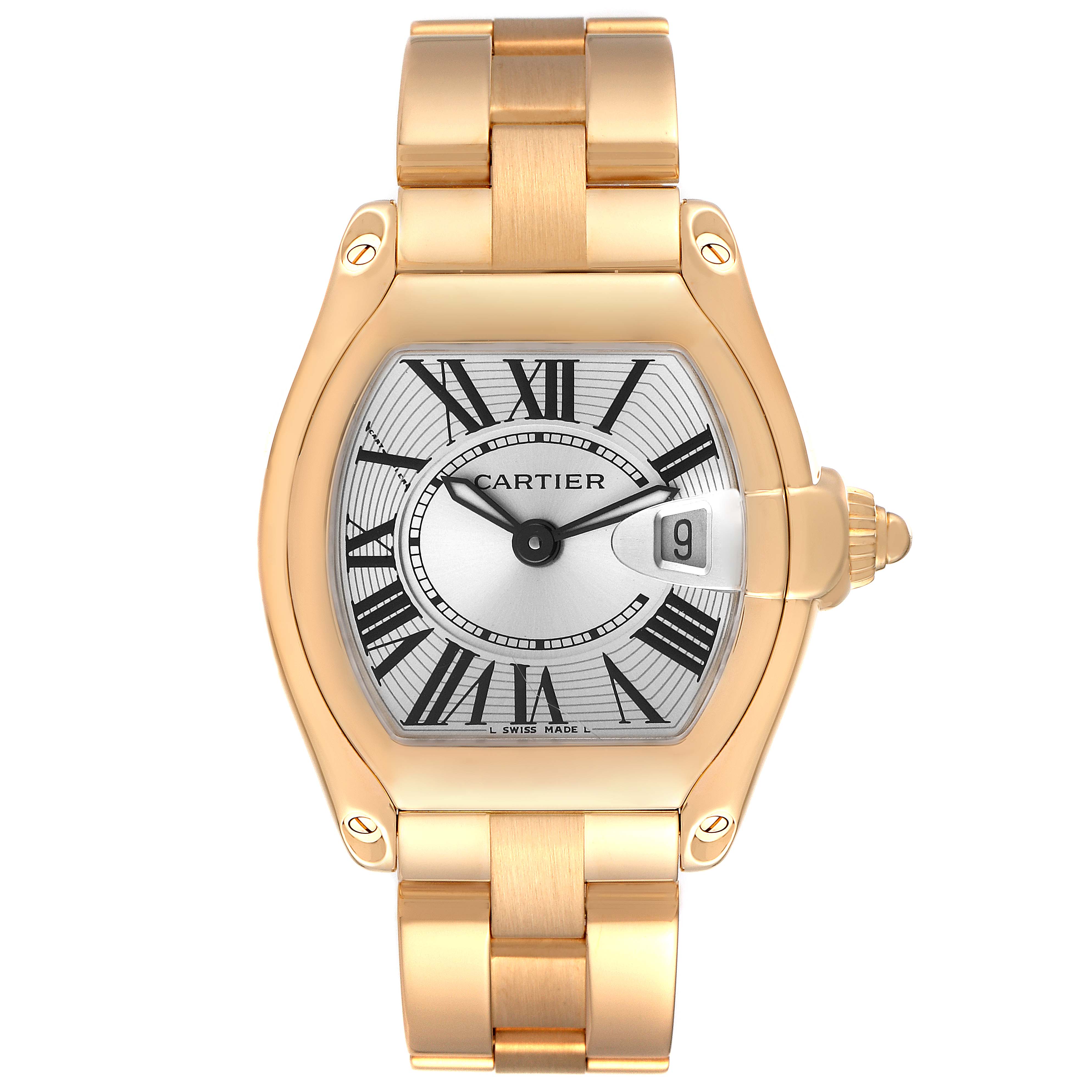 The Cartier Roadster W62018V1 Women
s Yellow Gold Silver Dial W62018V1 Women
s Yellow Gold Silver Dial watch is shown from a front angle, highlighting its face, bezel, crown, and bracelet.