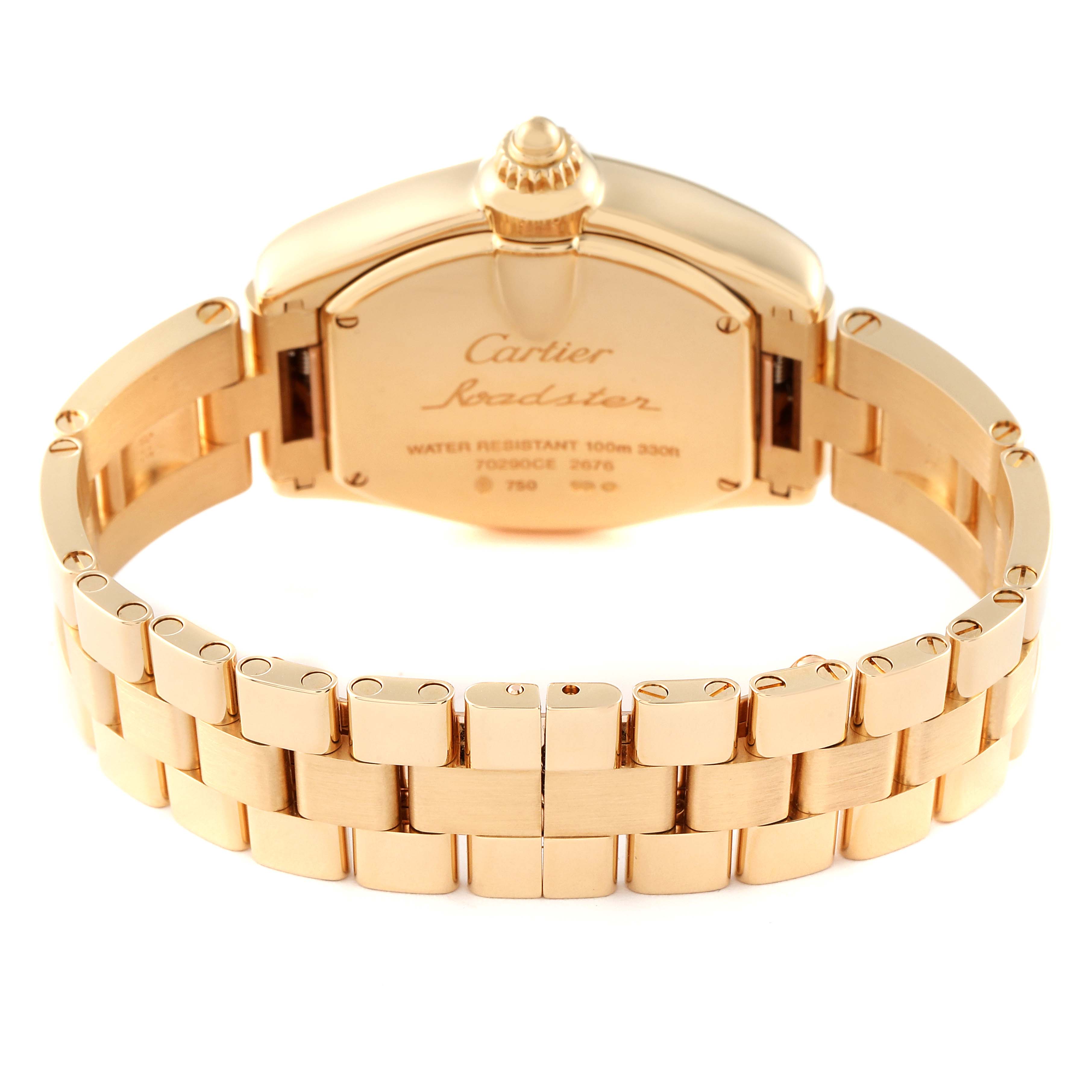 The image shows the back case and bracelet of a Cartier Roadster W62018V1 Women
s Yellow Gold Silver Dial W62018V1 Women
s Yellow Gold Silver Dial watch, displaying its clasp and inscriptions.