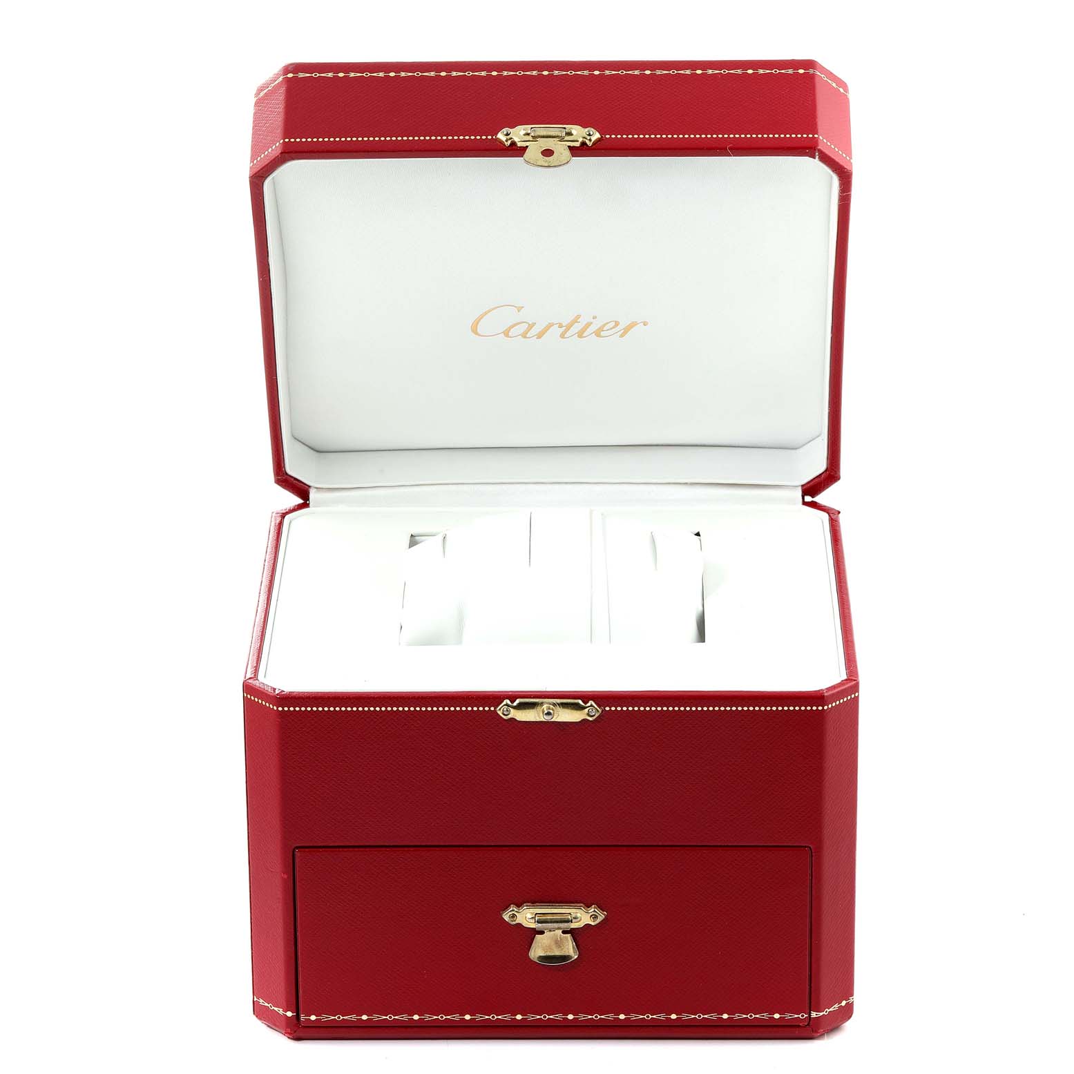 This image shows an open red Cartier Roadster W62018V1 Women
s Yellow Gold Silver Dial W62018V1 Women
s Yellow Gold Silver Dial watch storage box with multiple compartments.